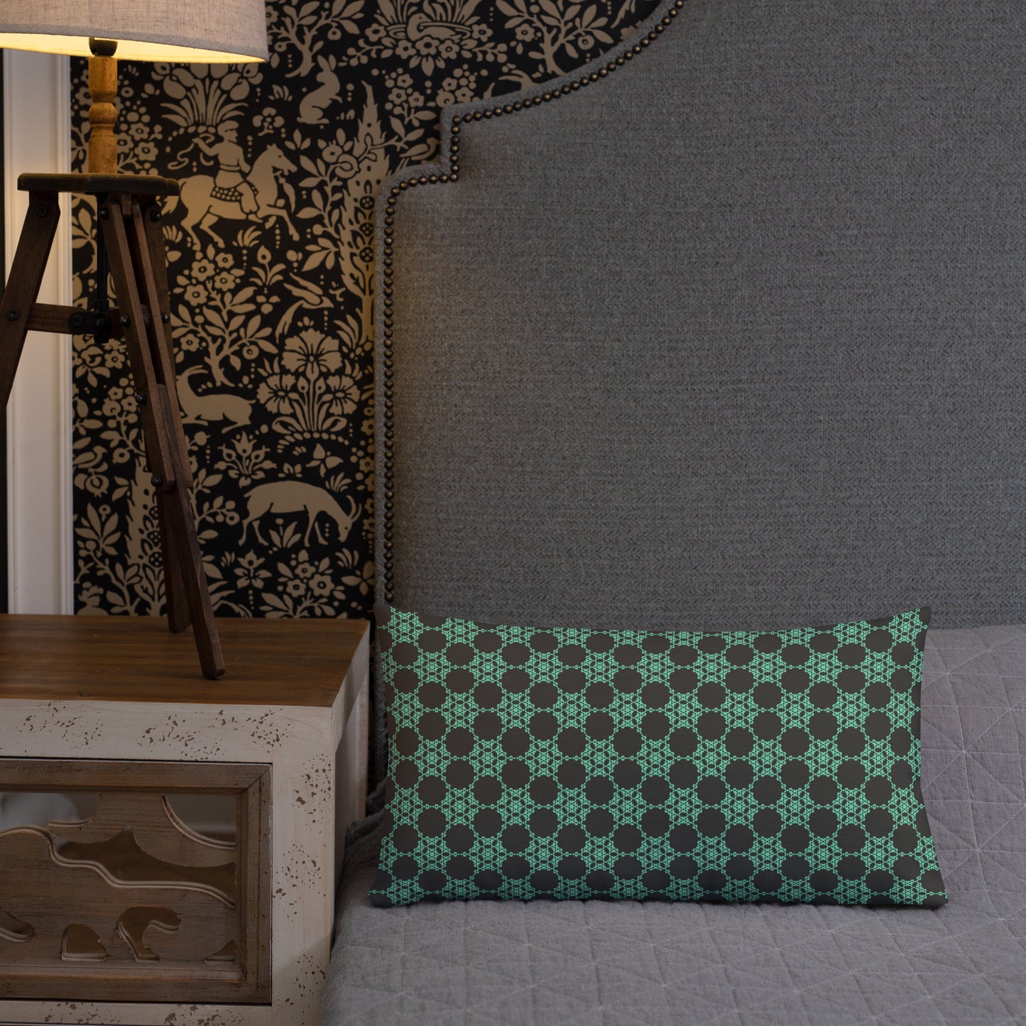 20″×12″ premium throw pillow with the 'Flowers Victory' charcoal and mint geometric pattern shown in a lifestyle setting.