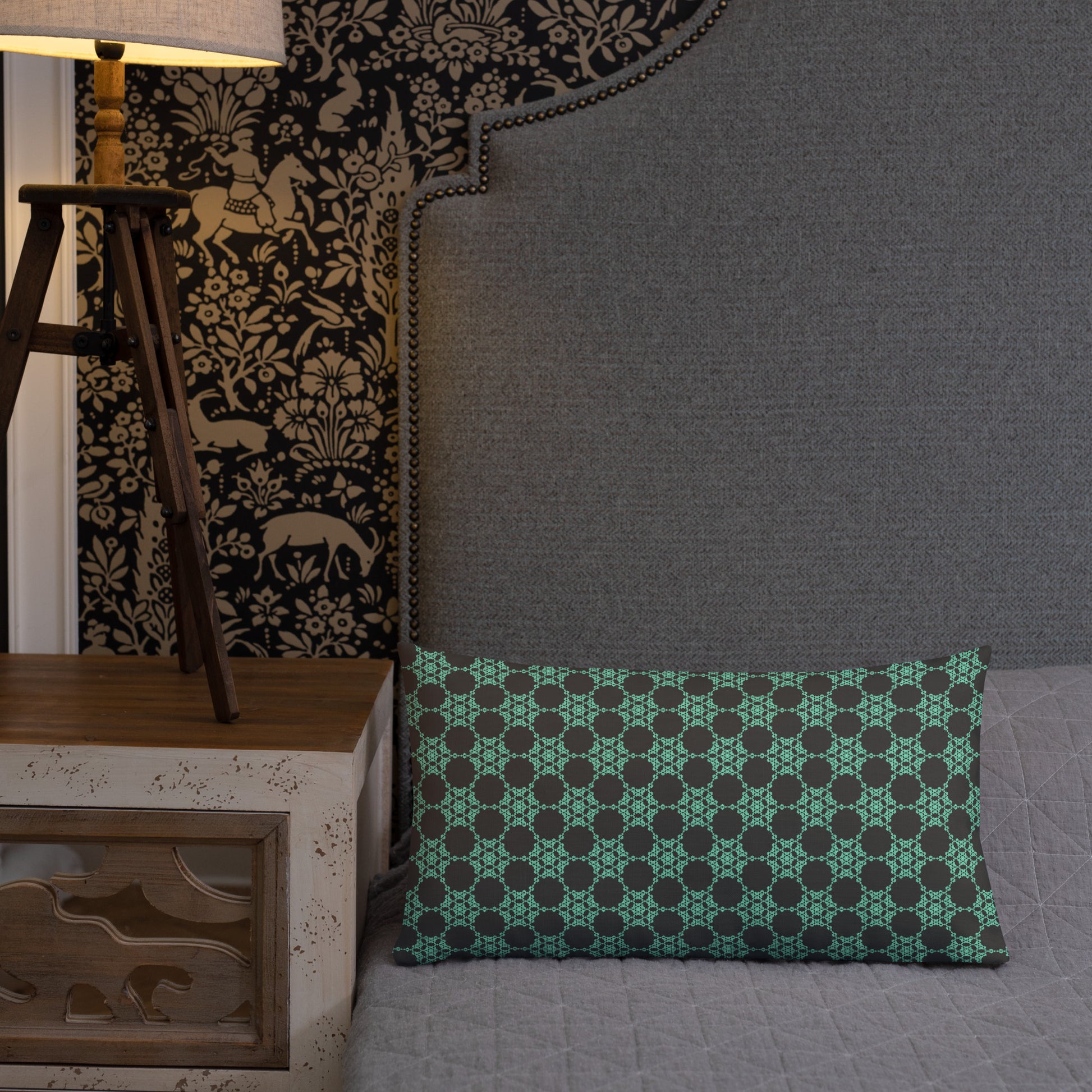 20″×12″ premium throw pillow with the 'Flowers Victory' charcoal and mint geometric pattern shown in a lifestyle setting.