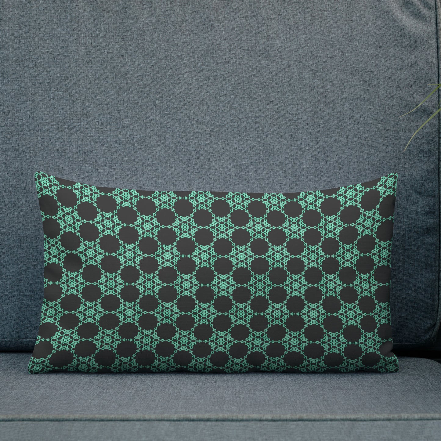 20″×12″ premium throw pillow with the 'Flowers Victory' charcoal and mint geometric pattern shown in a lifestyle setting.