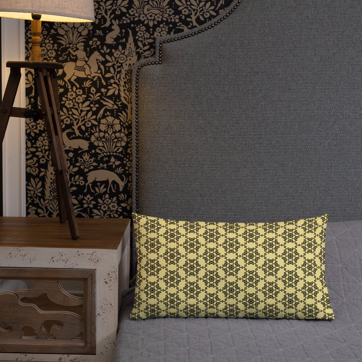 20″×12″ premium throw pillow with the 'Hexagon' yellow and black geometric pattern shown in a lifestyle setting.