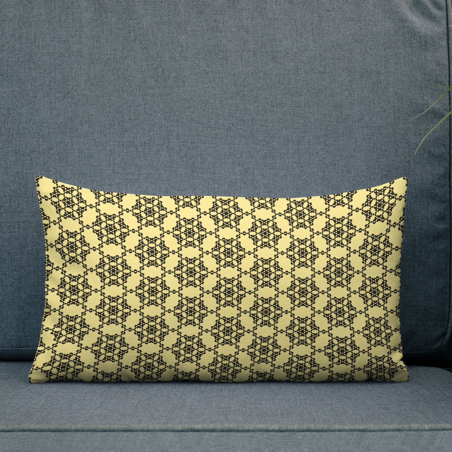 20″×12″ premium throw pillow with the 'Hexagon' yellow and black geometric pattern shown in a lifestyle setting.