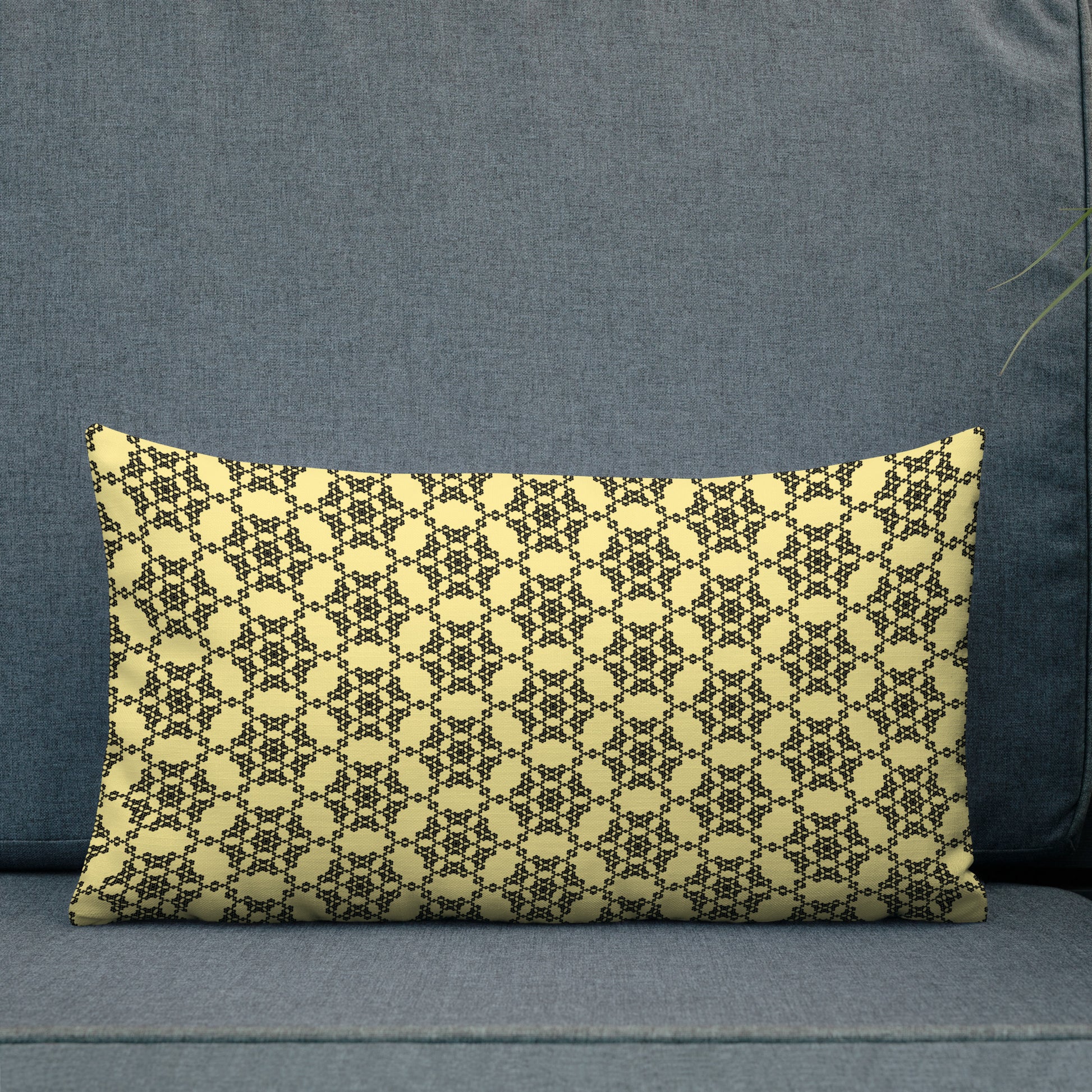 20″×12″ premium throw pillow with the 'Hexagon' yellow and black geometric pattern shown in a lifestyle setting.