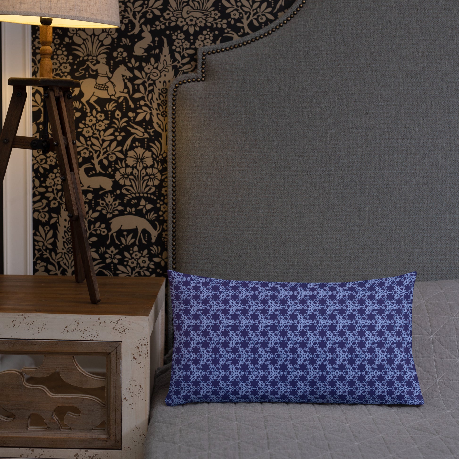 20″×12″ premium throw pillow with the 'Triagon' navy and blue geometric pattern shown in a lifestyle setting.