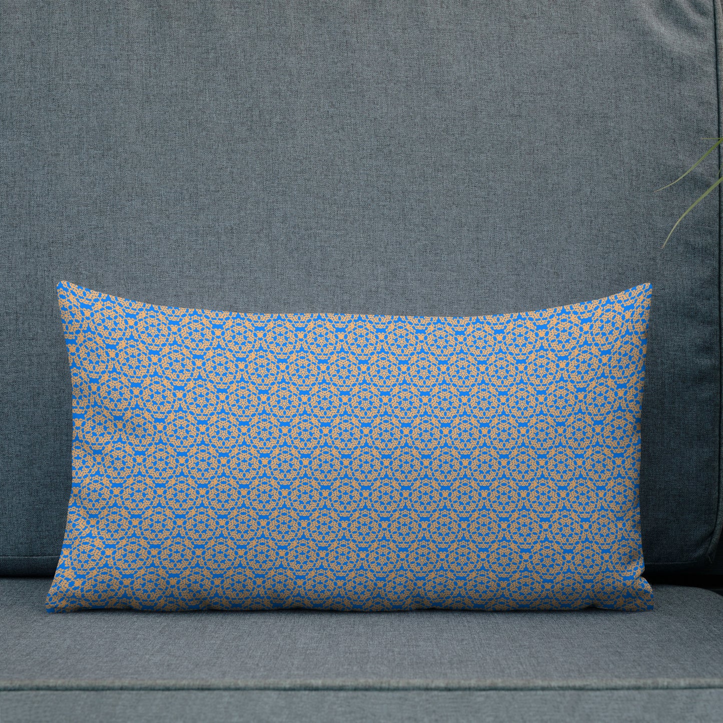 20″×12″ premium throw pillow with the 'Pentagon' blue and yellow geometric pattern shown in a lifestyle setting.