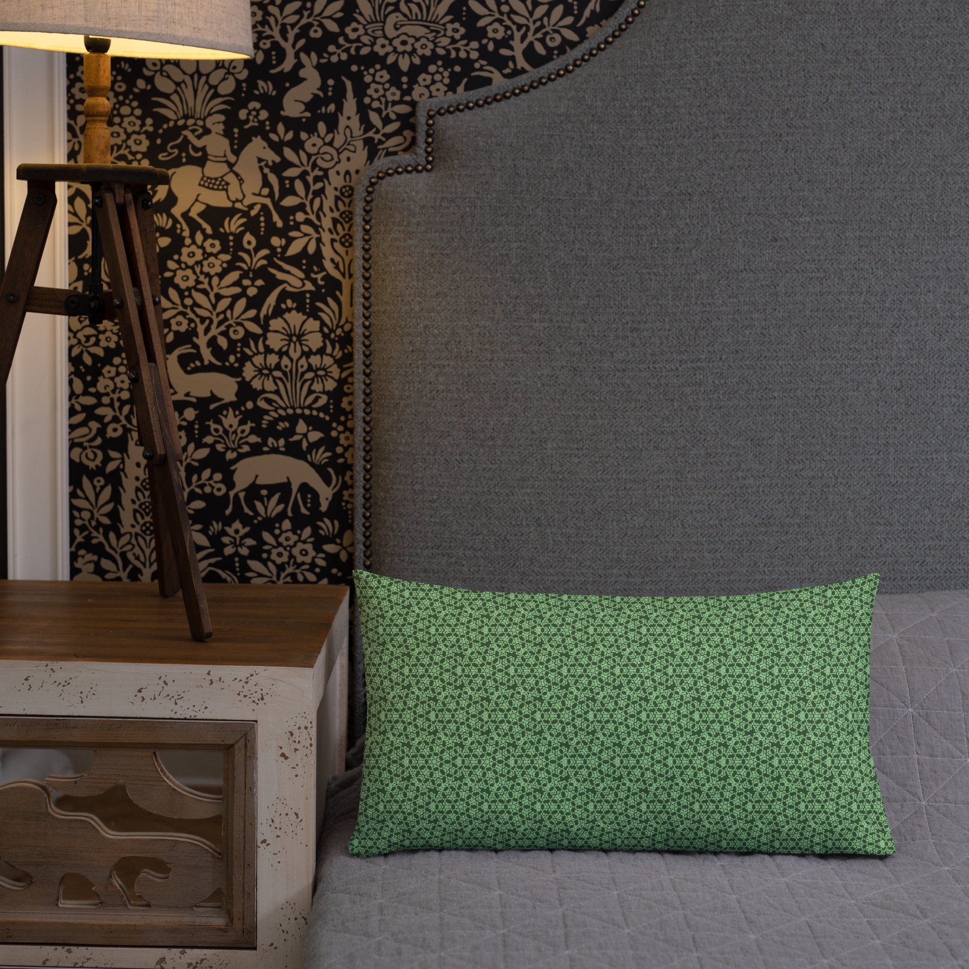 20″×12″ premium throw pillow with the 'Heptagon' green geometric pattern shown in a lifestyle setting.
