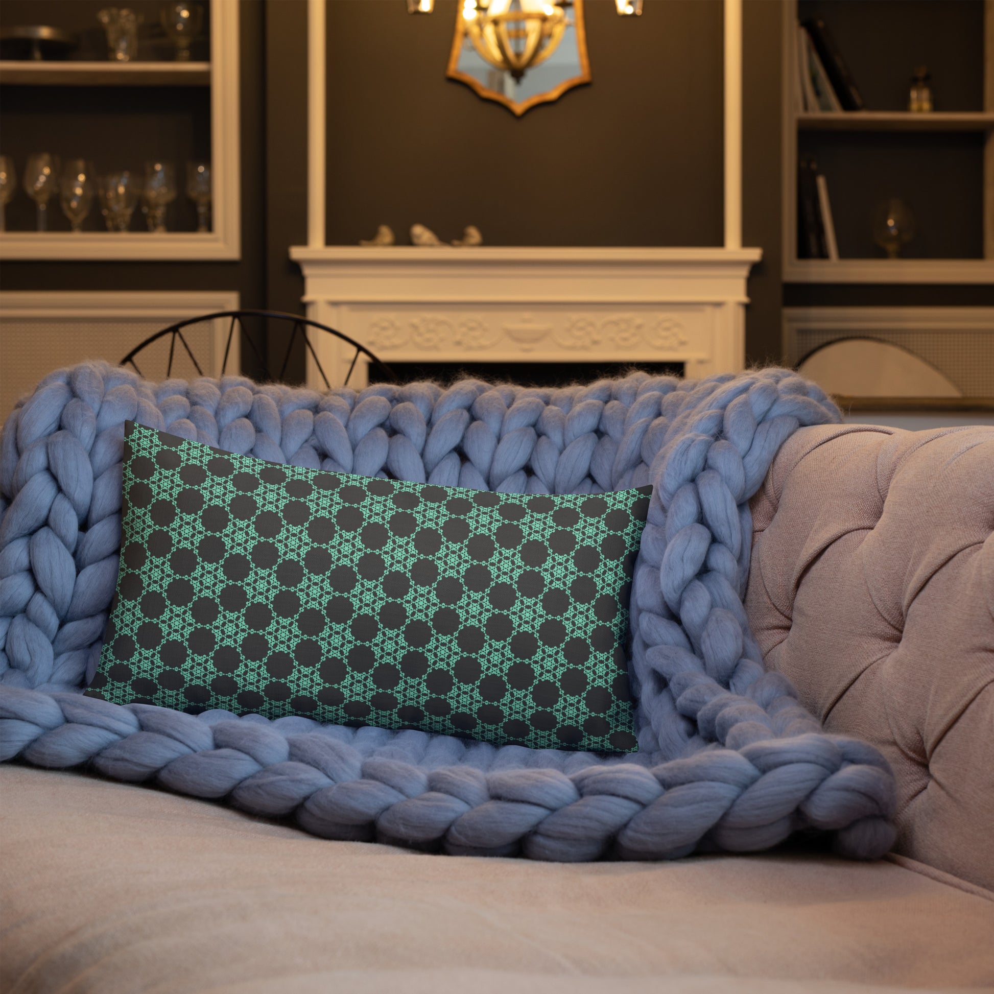 20″×12″ premium throw pillow with the 'Flowers Victory' charcoal and mint geometric pattern shown in a lifestyle setting.