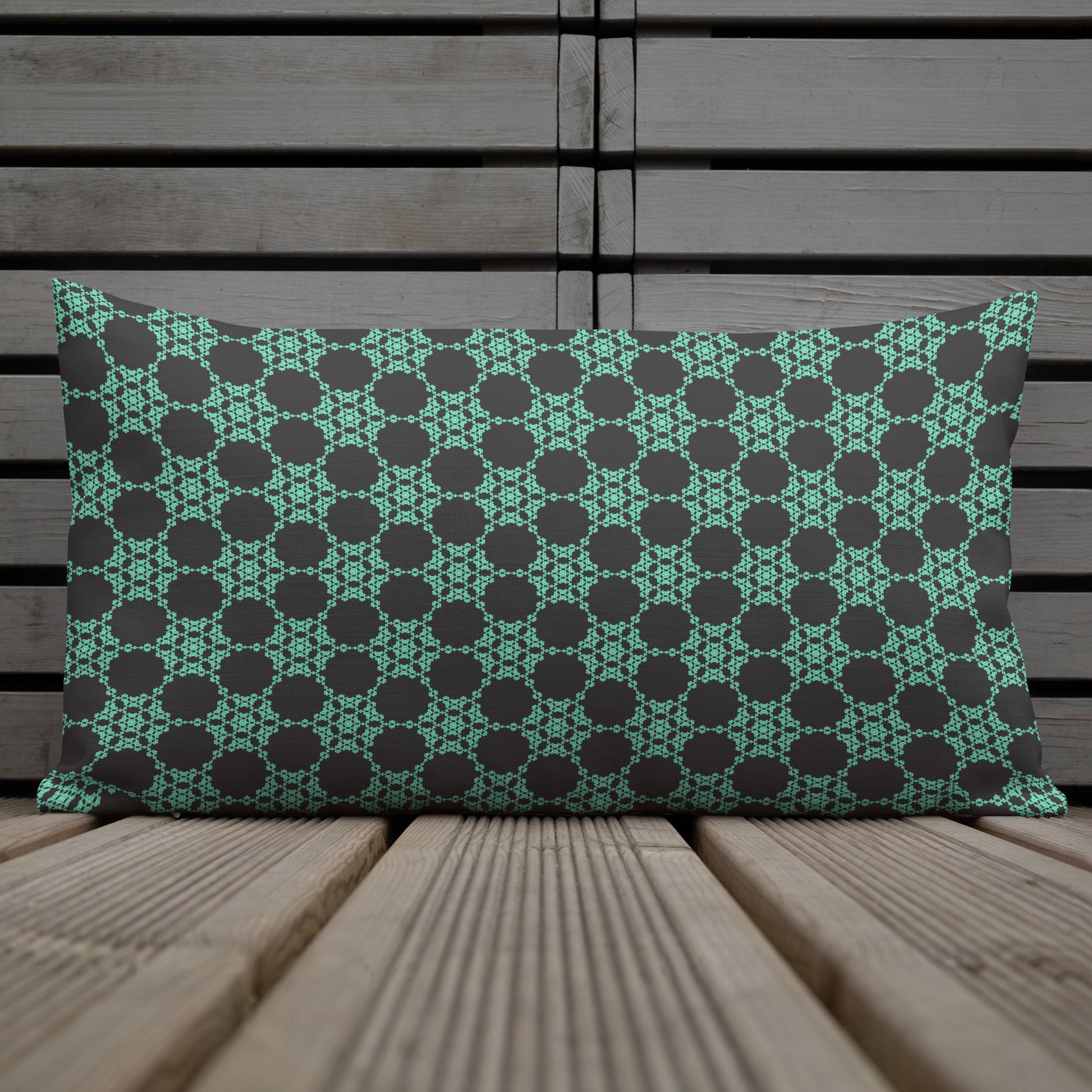 20″×12″ premium throw pillow with the 'Flowers Victory' charcoal and mint geometric pattern shown in a lifestyle setting.