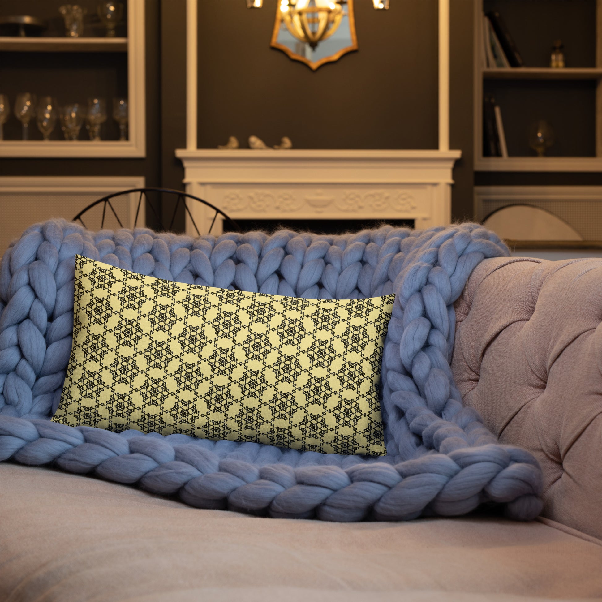 20″×12″ premium throw pillow with the 'Hexagon' yellow and black geometric pattern shown in a lifestyle setting.