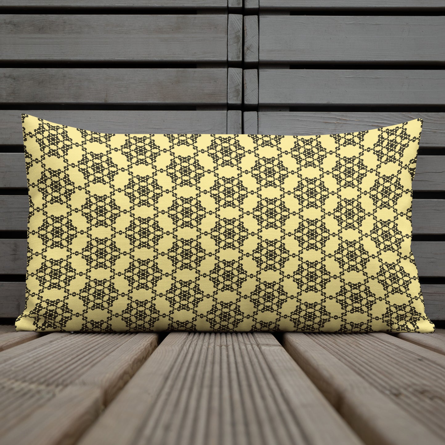 20″×12″ premium throw pillow with the 'Hexagon' yellow and black geometric pattern shown in a lifestyle setting.