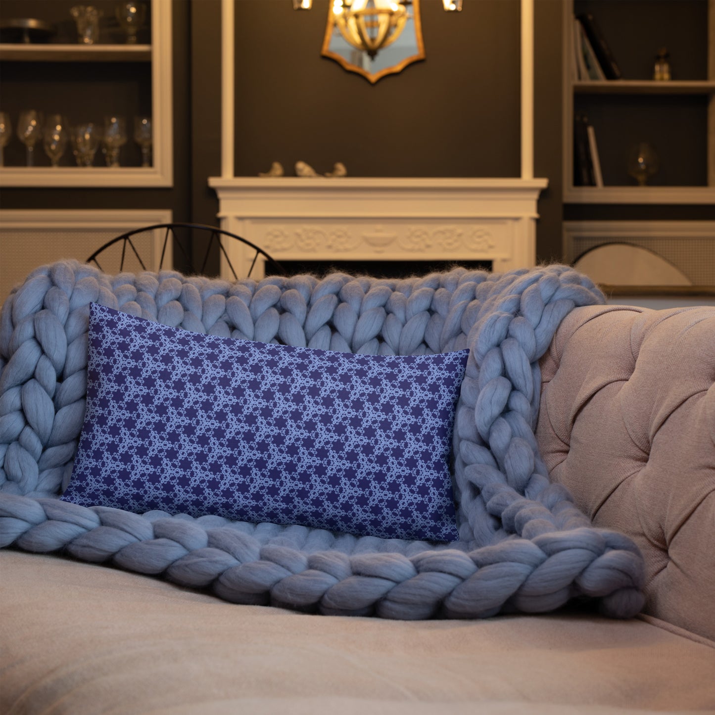 20″×12″ premium throw pillow with the 'Triagon' navy and blue geometric pattern shown in a lifestyle setting.