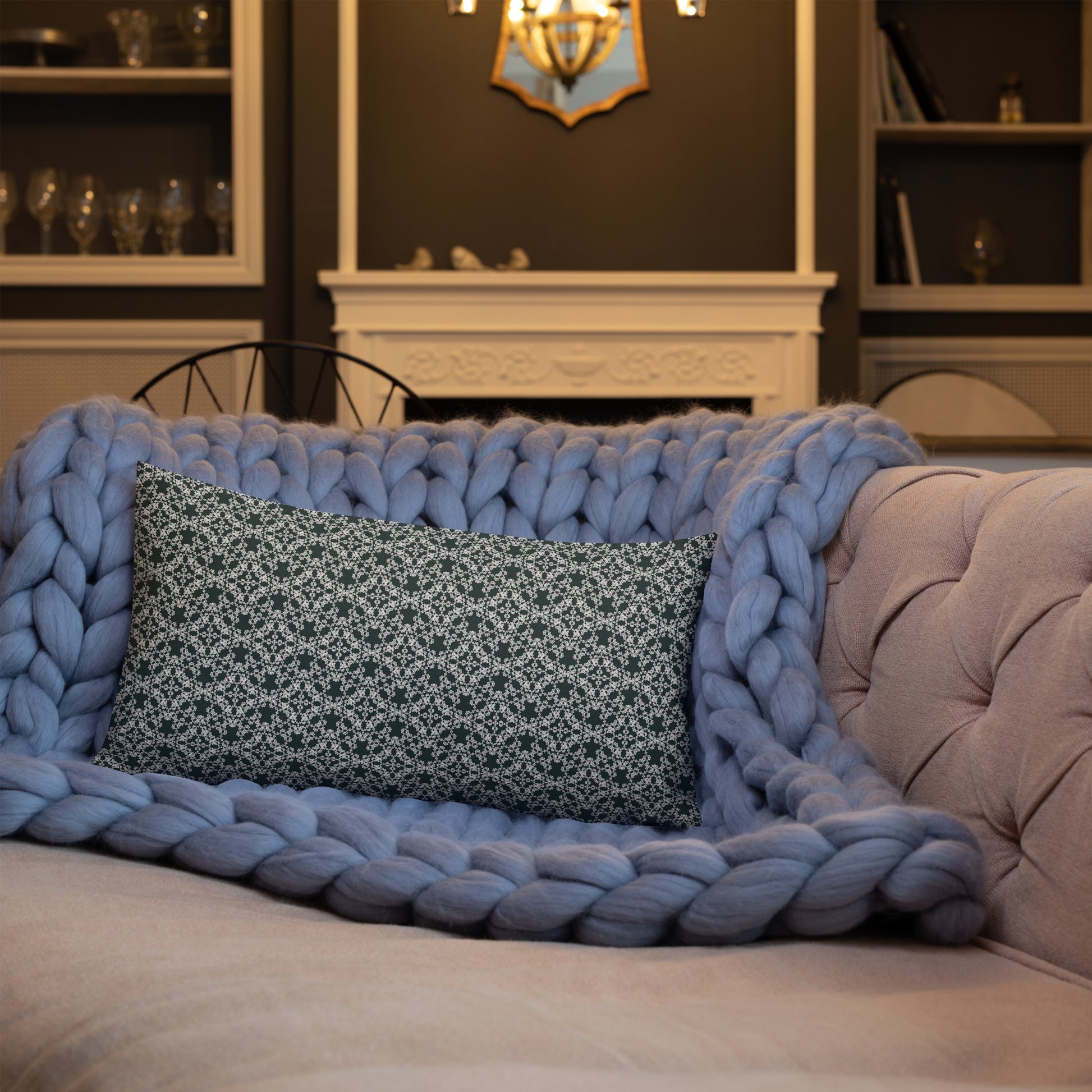 20″×12″ premium throw pillow with the 'Tetragon' charcoal and white geometric pattern shown in a lifestyle setting.