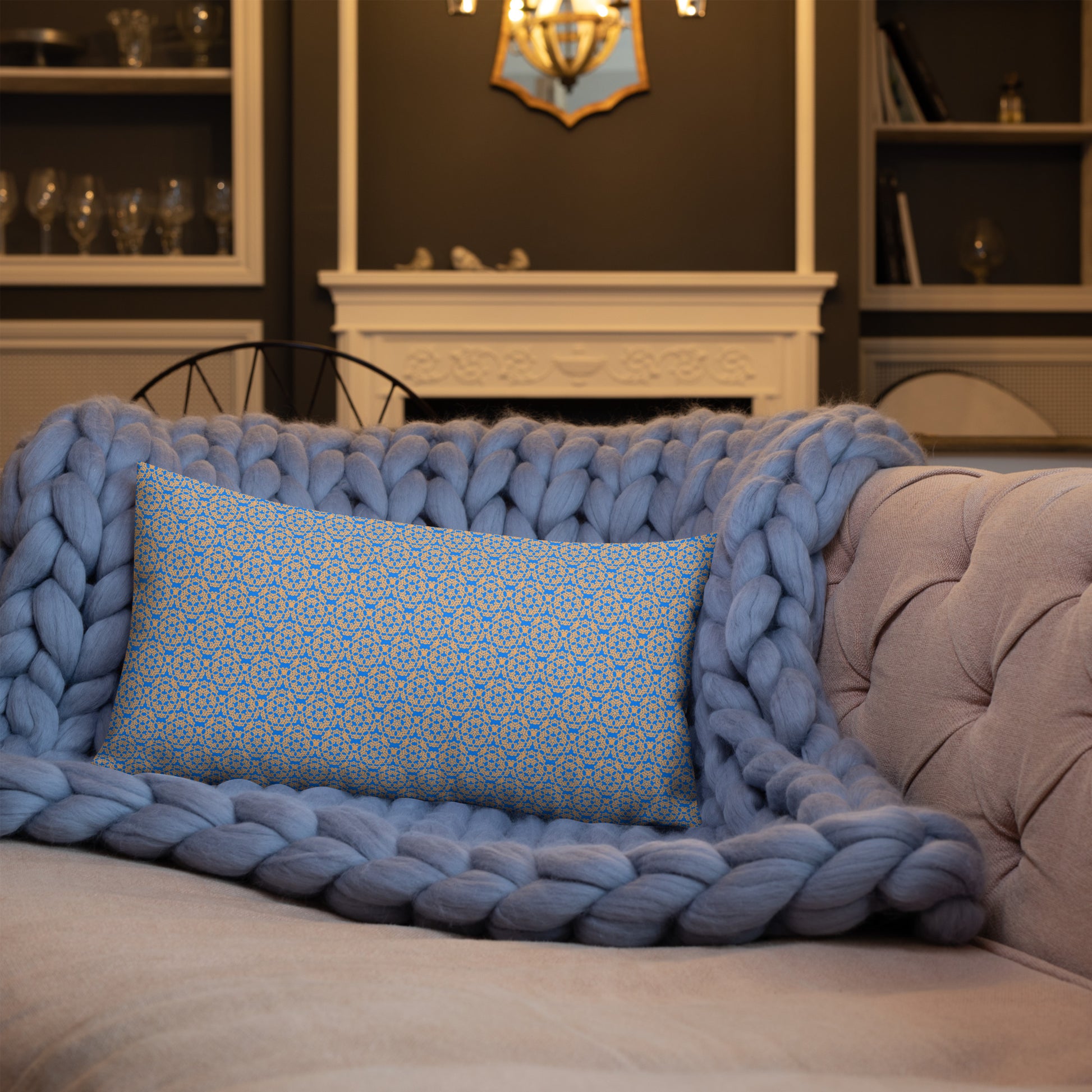 20″×12″ premium throw pillow with the 'Pentagon' blue and yellow geometric pattern shown in a lifestyle setting.