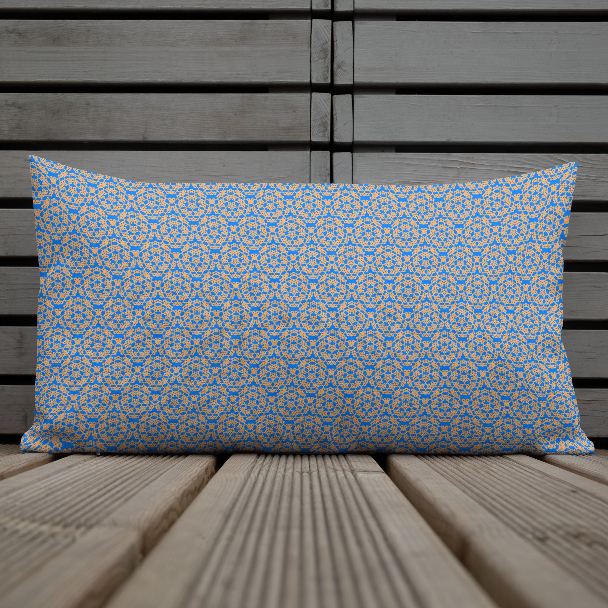 20″×12″ premium throw pillow with the 'Pentagon' blue and yellow geometric pattern shown in a lifestyle setting.
