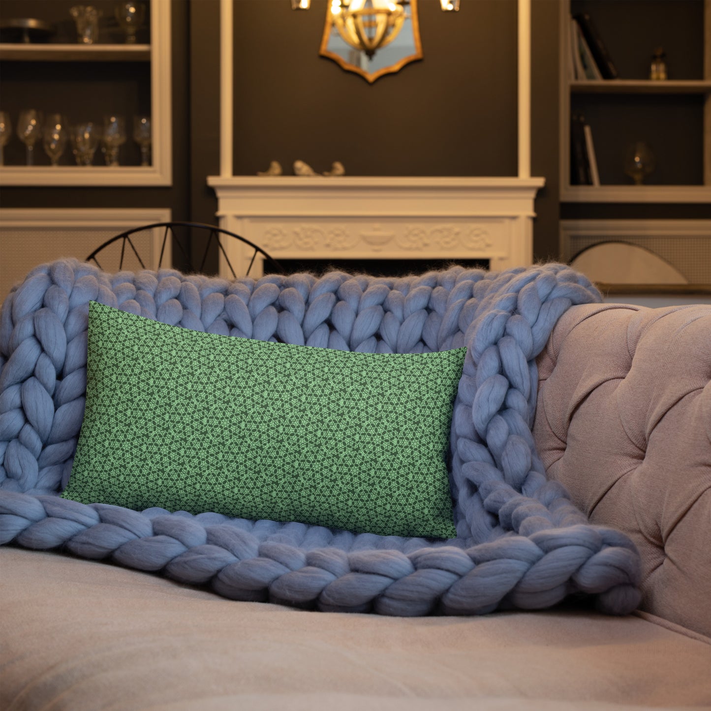 20″×12″ premium throw pillow with the 'Heptagon' green geometric pattern shown in a lifestyle setting.