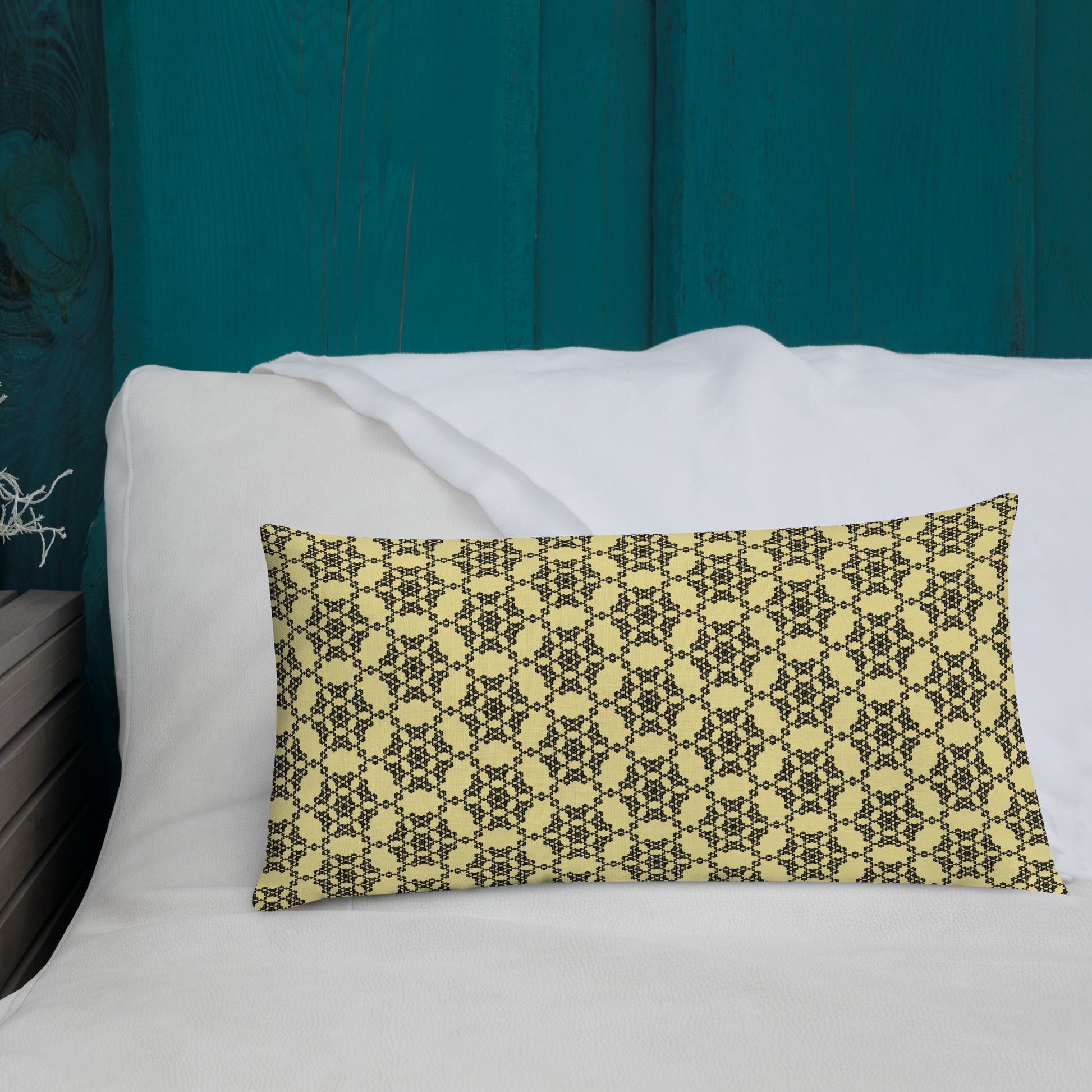 20″×12″ premium throw pillow with the 'Hexagon' yellow and black geometric pattern shown in a lifestyle setting.