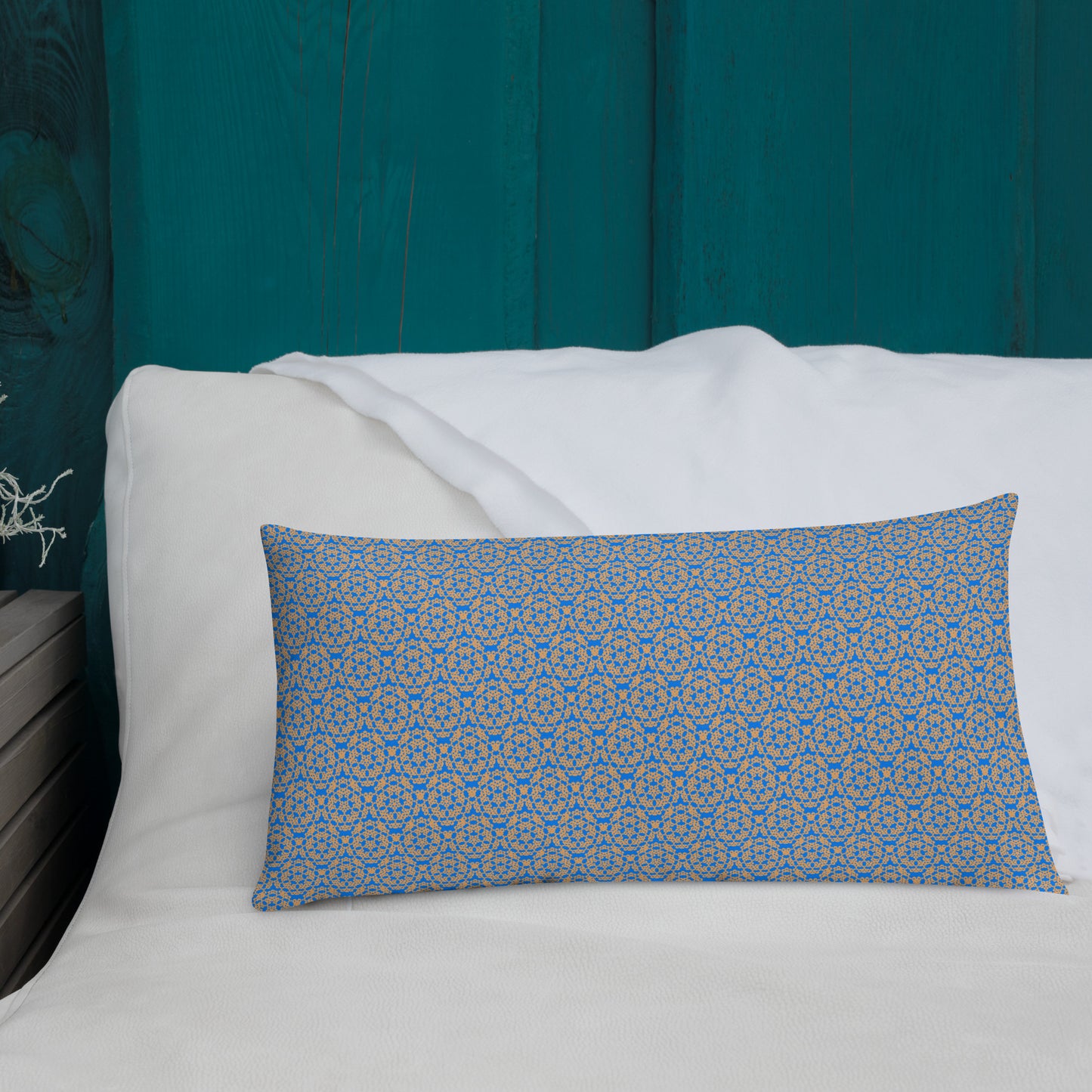 20″×12″ premium throw pillow with the 'Pentagon' blue and yellow geometric pattern shown in a lifestyle setting.