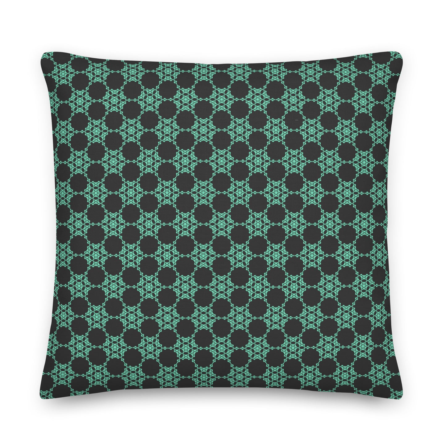 Back of the 22″×22″ premium throw pillow with the 'Flowers Victory' dark grey and green geometric pattern.