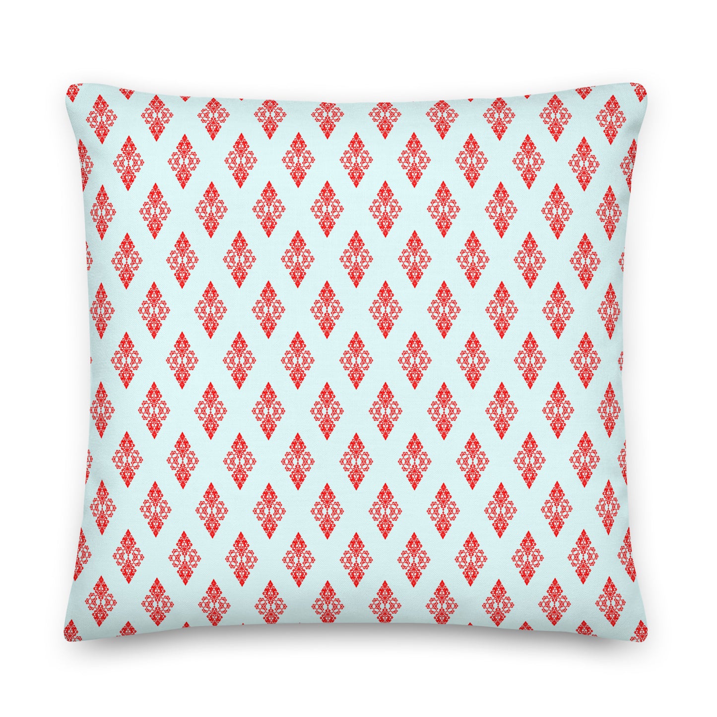Back of the 22″×22″ premium throw pillow with the 'Digon' sky blue and red geometric pattern.