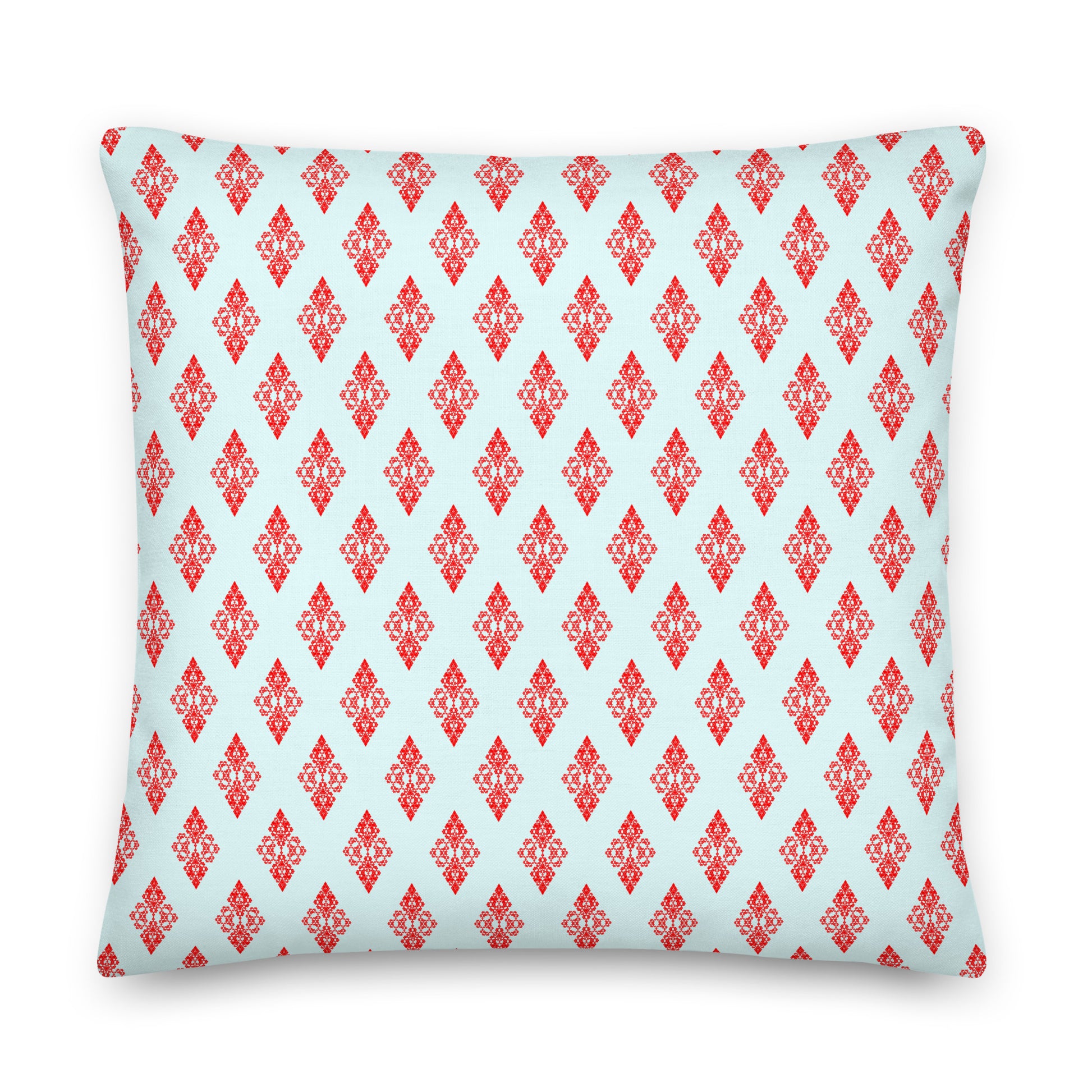 Back of the 22″×22″ premium throw pillow with the 'Digon' sky blue and red geometric pattern.