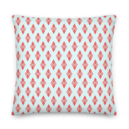 Back of the 22″×22″ premium throw pillow with the 'Digon' sky blue and red geometric pattern.