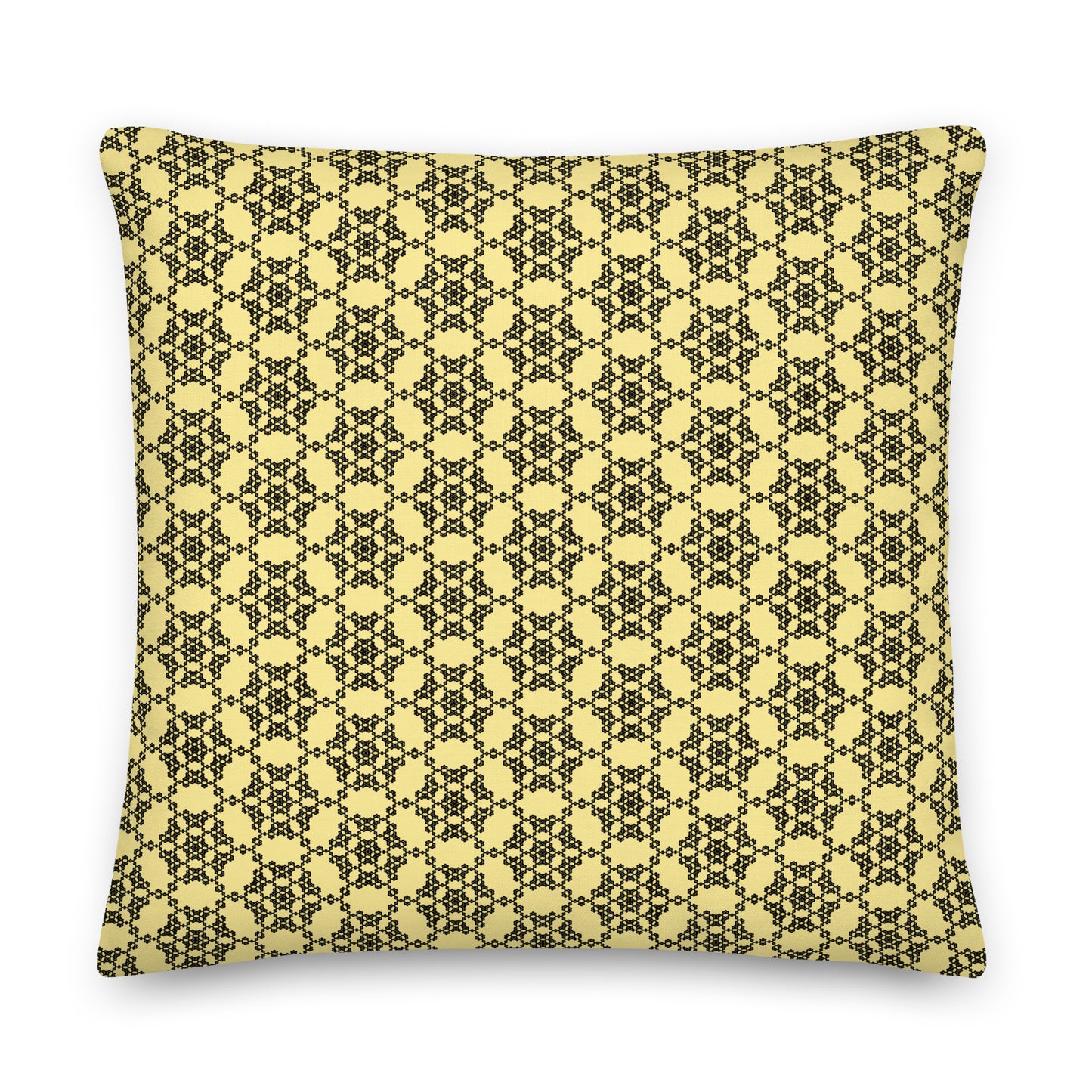 Back of the 22″×22″ premium throw pillow with the 'Hexagon' yellow and black geometric pattern.