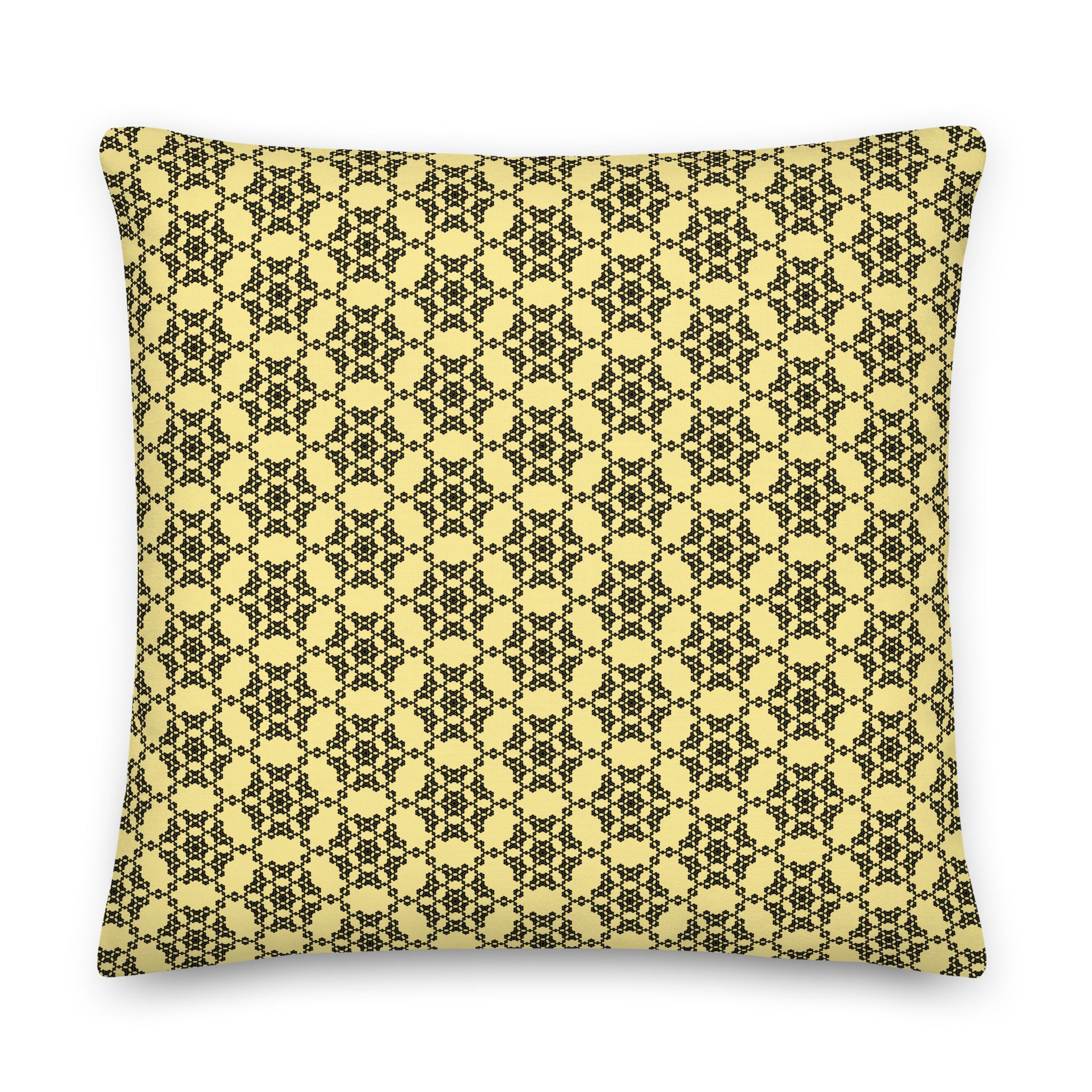 Back of the 22″×22″ premium throw pillow with the 'Hexagon' yellow and black geometric pattern.