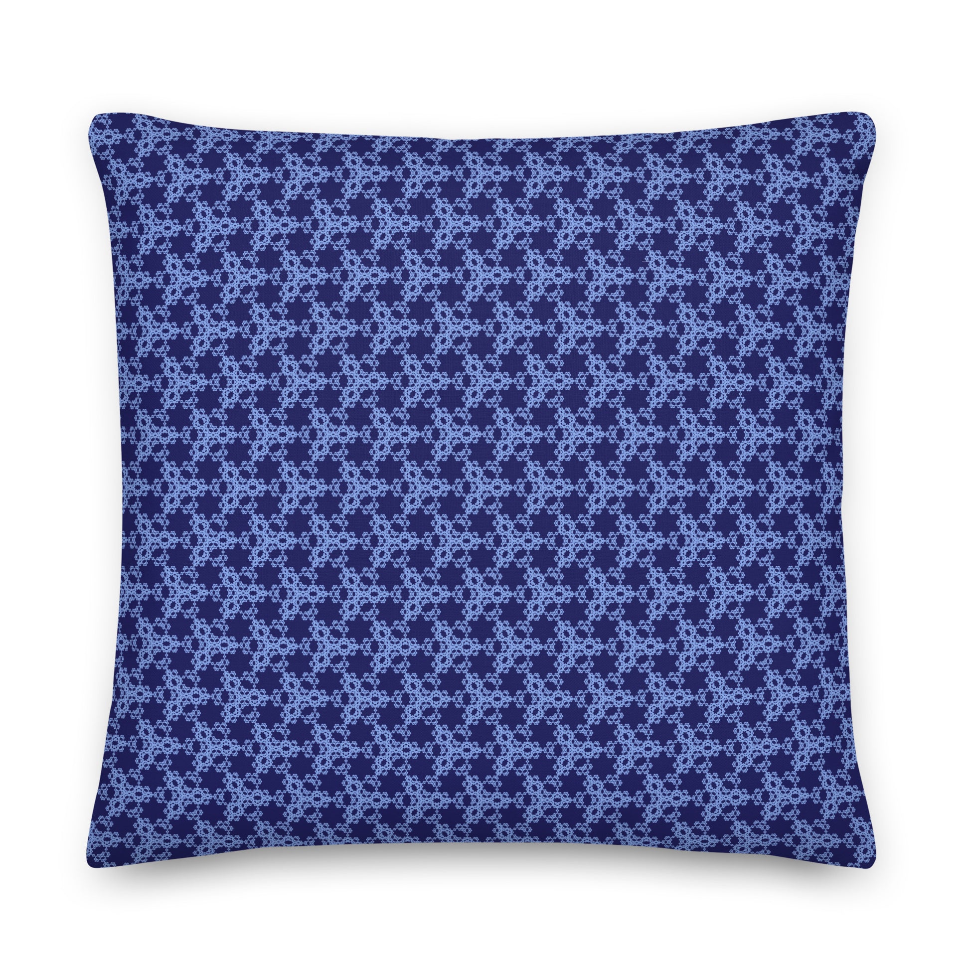 Back of the 22″×22″ premium throw pillow with the 'Trigon' navy and blue geometric pattern.