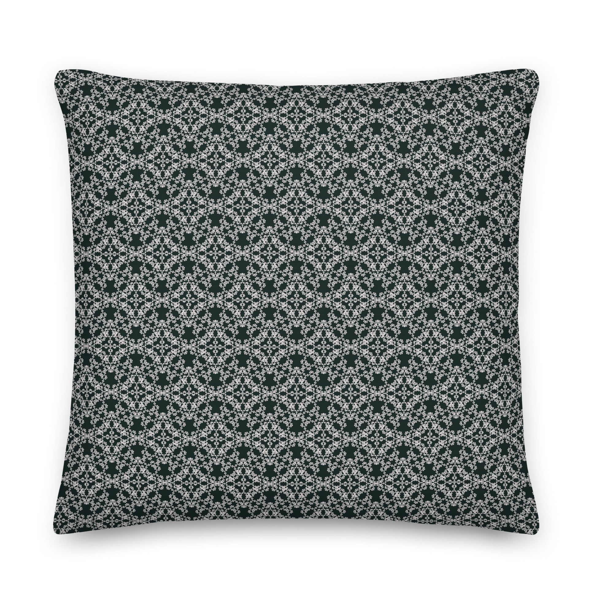 Back of the 18″×18″ premium throw pillow with the 'Tetragon' charcoal and white geometric pattern.