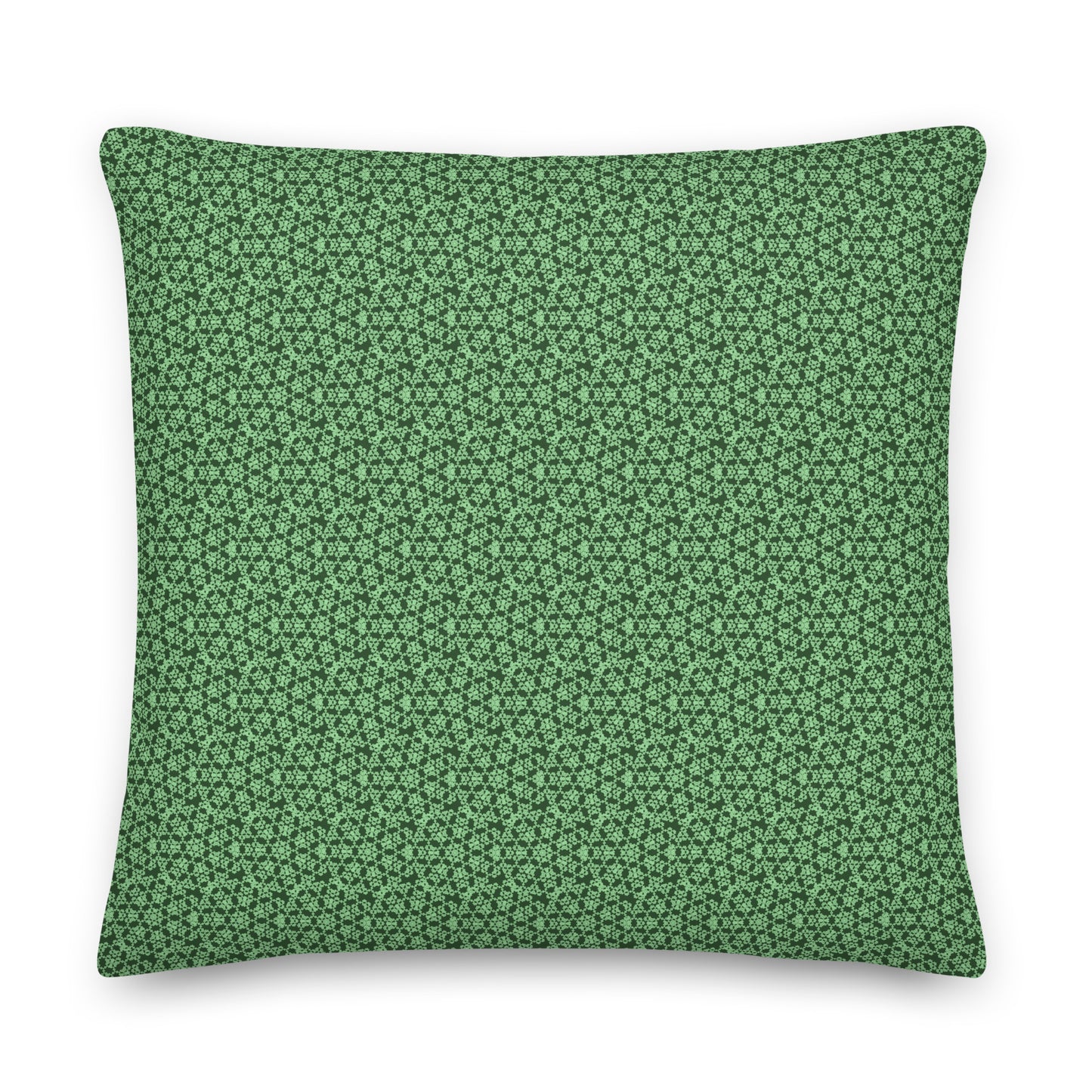 Back of the 22″×22″ premium throw pillow with the 'Heptagon' green geometric pattern.
