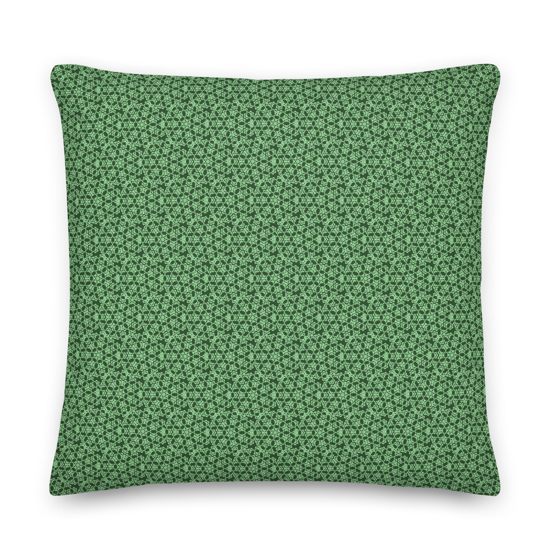 Back of the 22″×22″ premium throw pillow with the 'Heptagon' green geometric pattern.