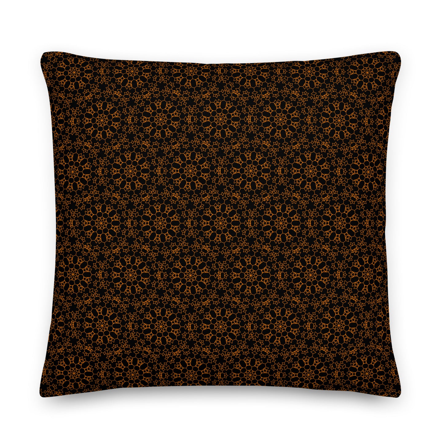 Back of the 22″×22″ premium throw pillow with the 'Enneagon' black & gold geometric pattern.