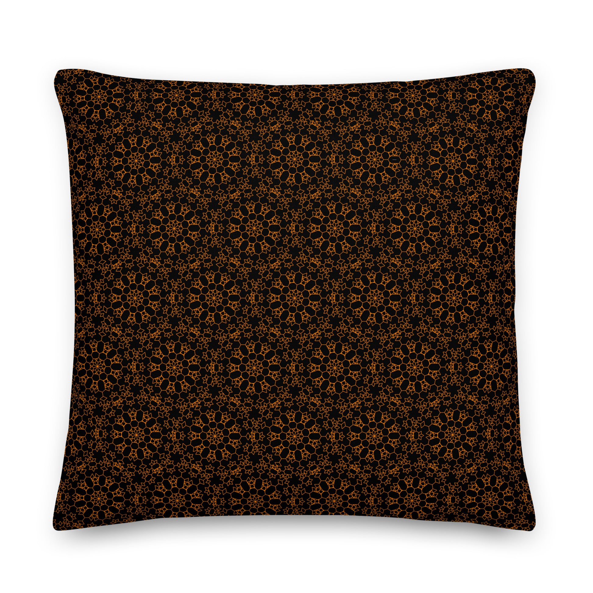 Back of the 22″×22″ premium throw pillow with the 'Enneagon' black & gold geometric pattern.