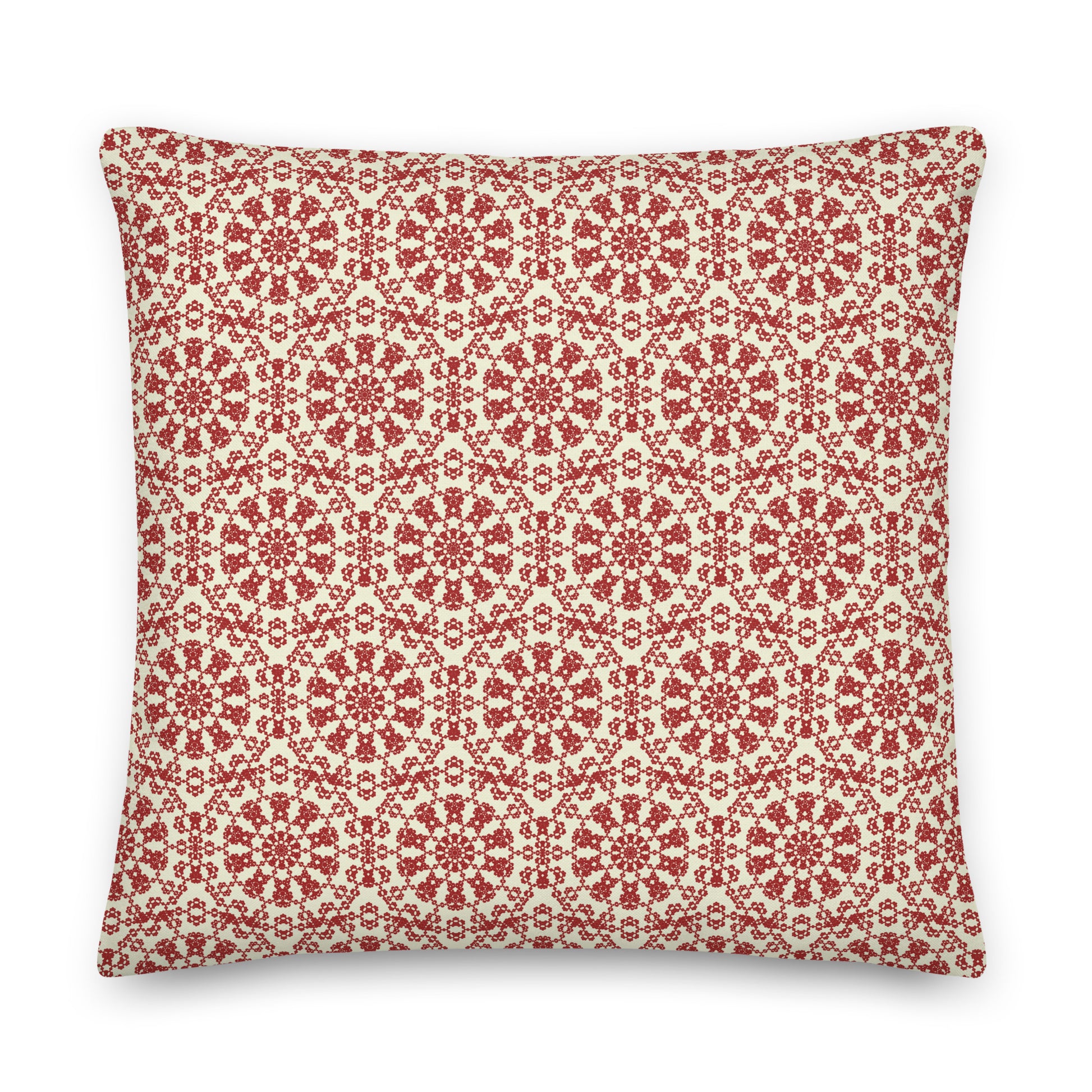 Back of the 22″×22″ premium throw pillow with the ‘Decagon’ terracotta and beige geometric pattern.