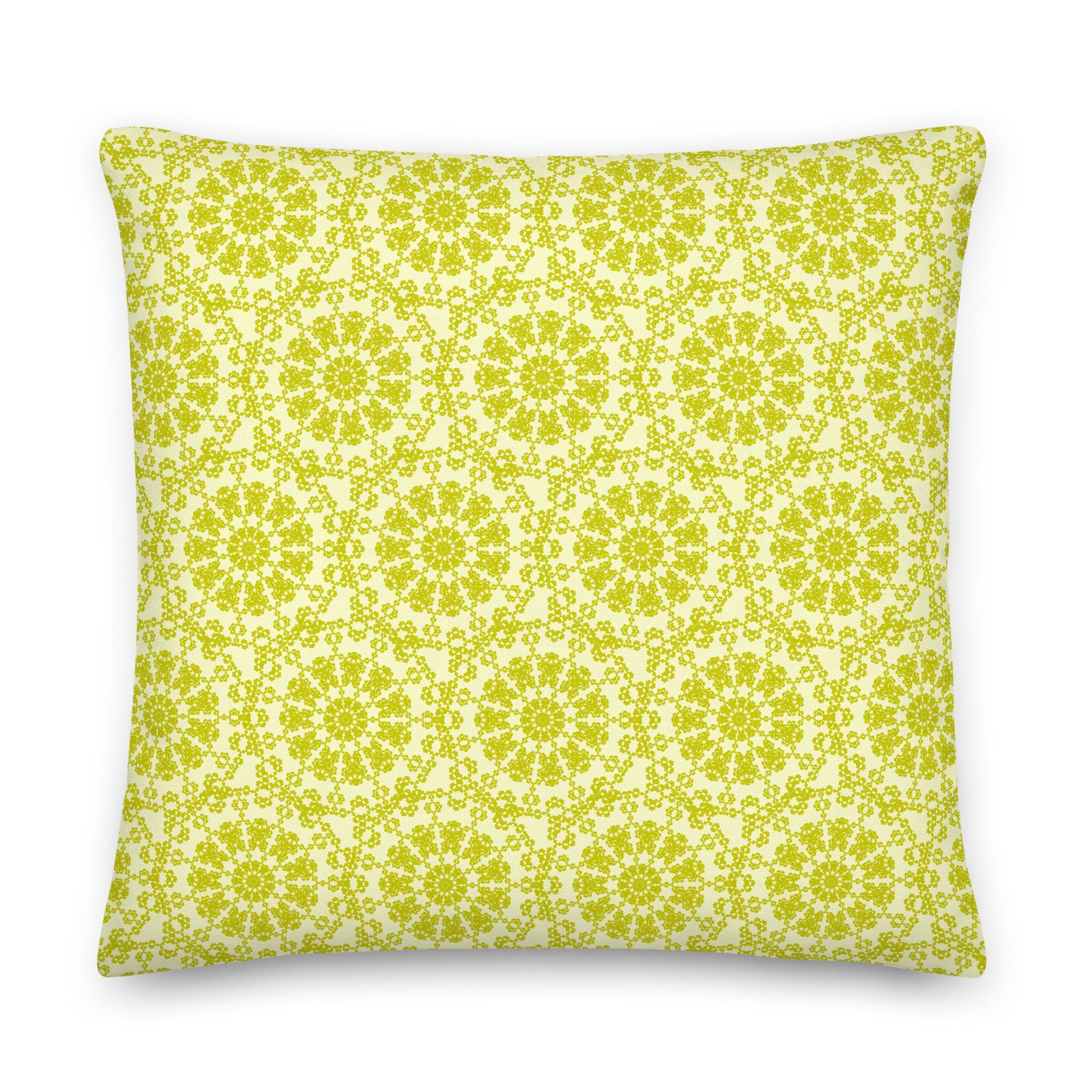 Back of the 22″×22″ premium throw pillow with the 'Hendecagon' yellow-green geometric pattern