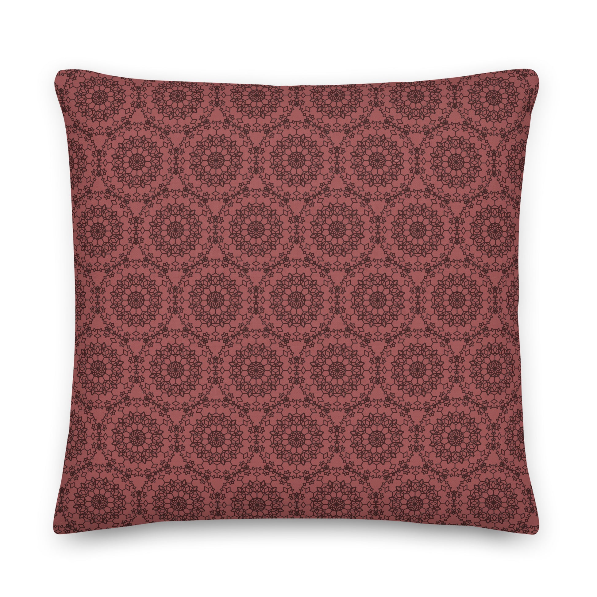 Back of the 22″×22″ premium throw pillow with the 'Dodecagon' rose geometric pattern.