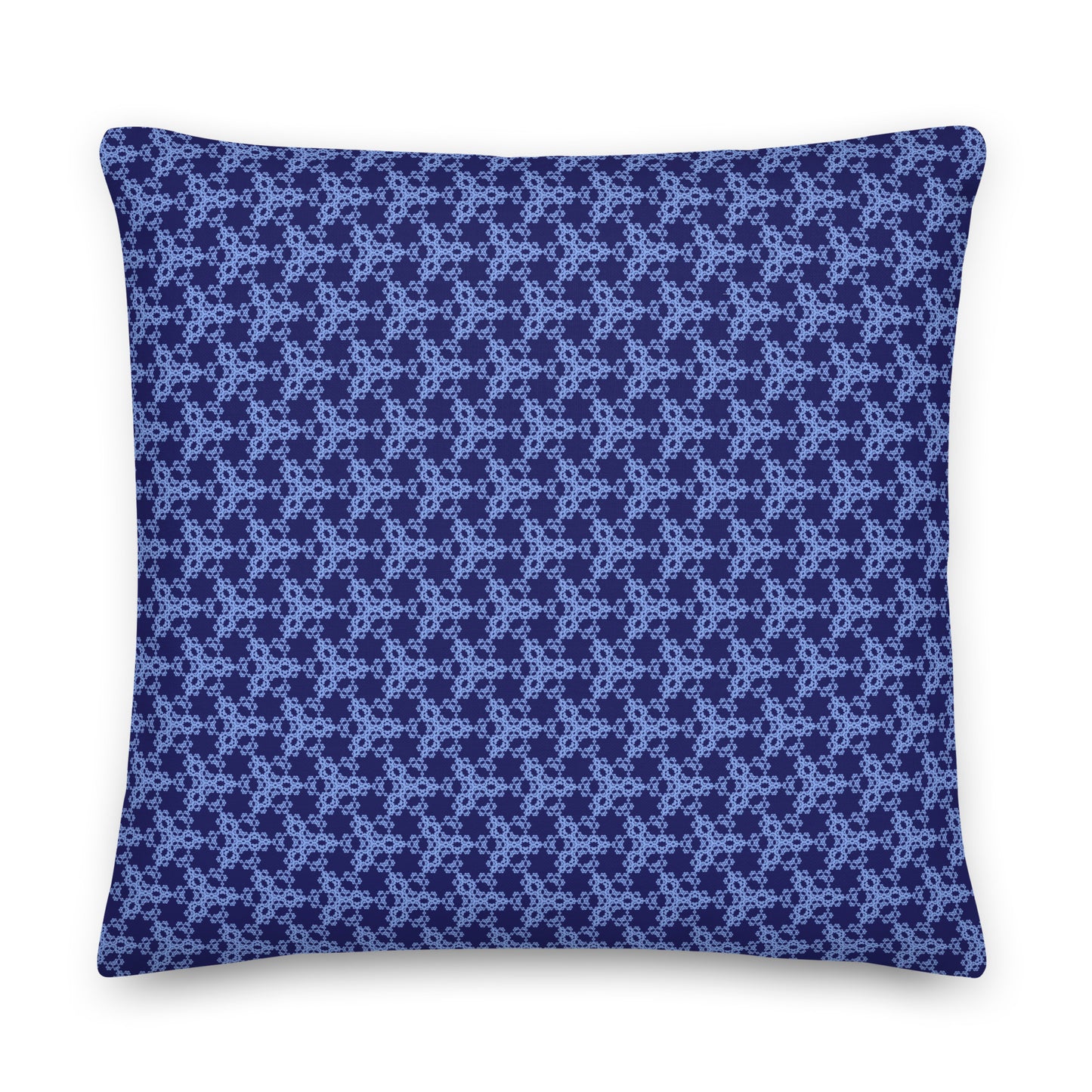 Front of the 22″×22″ premium throw pillow with the 'Trigon' navy and blue geometric pattern.