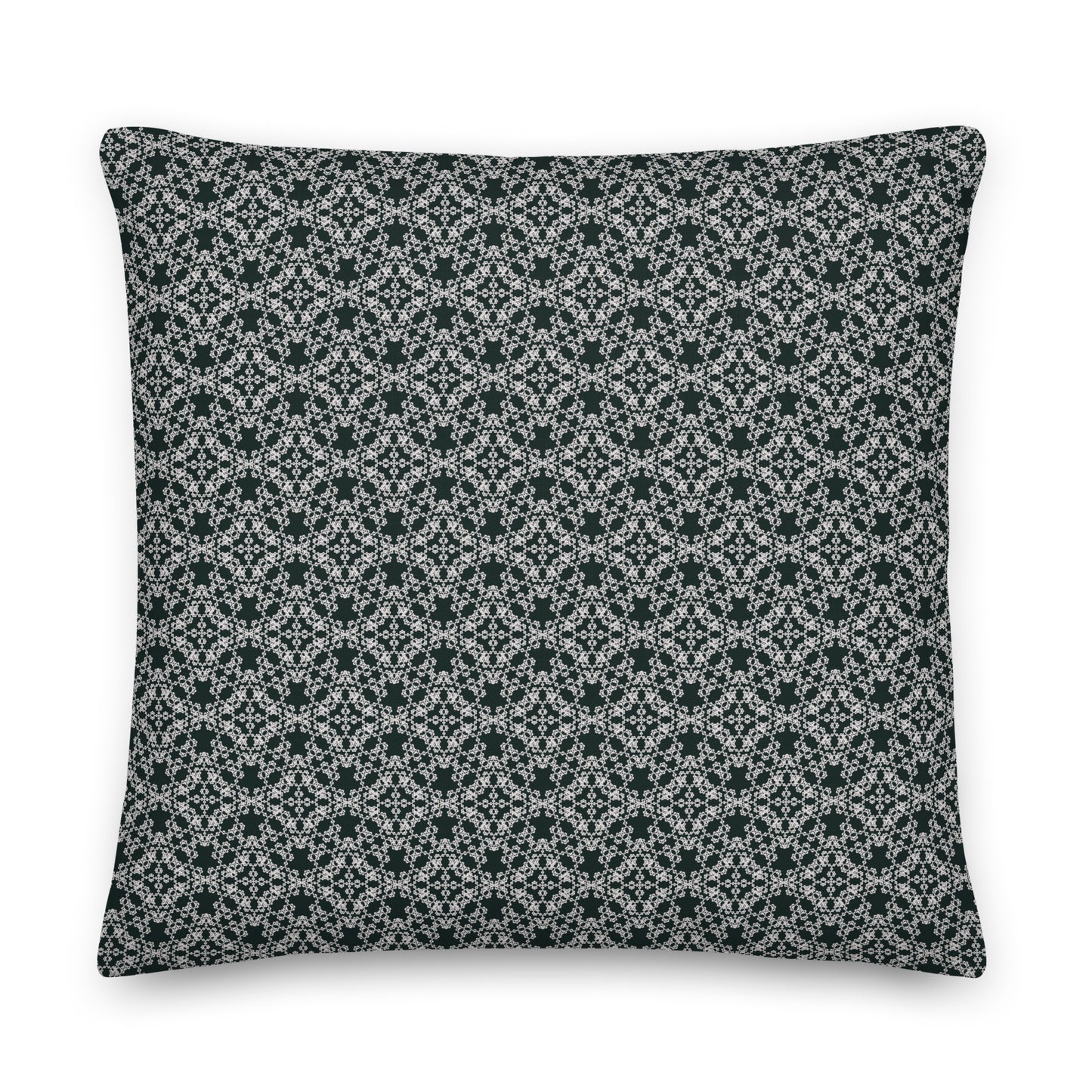 Front of the 18″×18″ premium throw pillow with the 'Tetragon' charcoal and white geometric pattern.