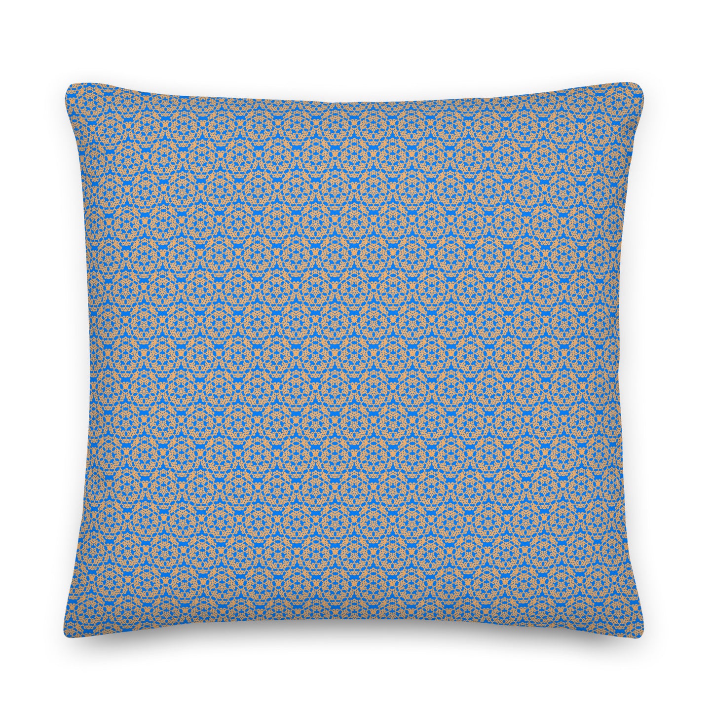Front of the 22″×22″ premium throw pillow with the 'Pentagon' blue and yellow geometric pattern.