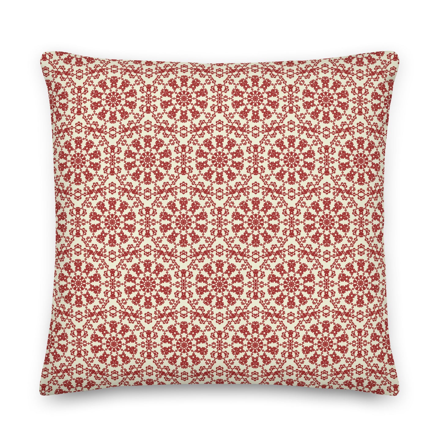 Front of the 22″×22″ premium throw pillow with the ‘Decagon’ terracotta and beige geometric pattern.