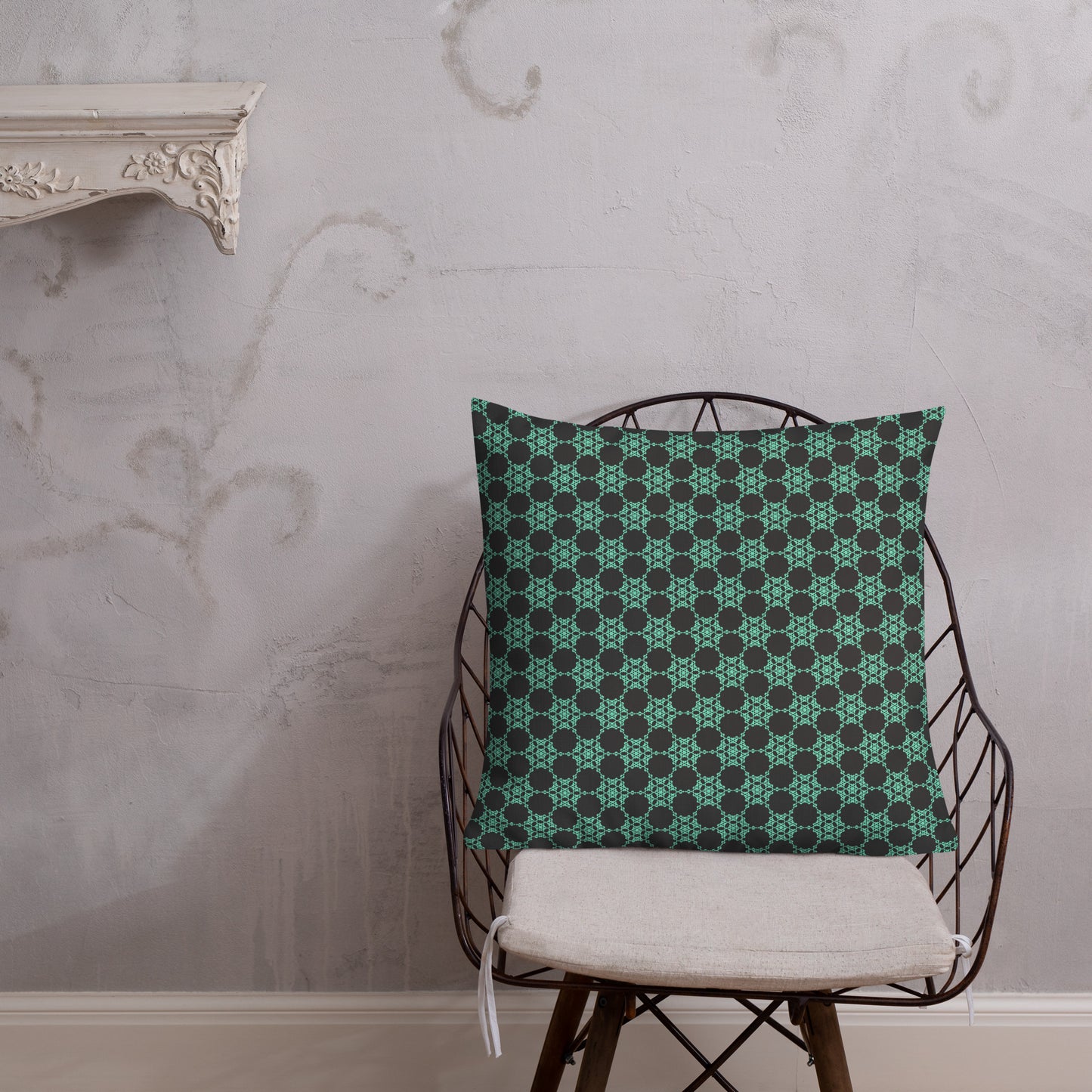 22″×22″ premium throw pillow with the 'Flowers Victory' charcoal and mint geometric pattern shown in a lifestyle setting.