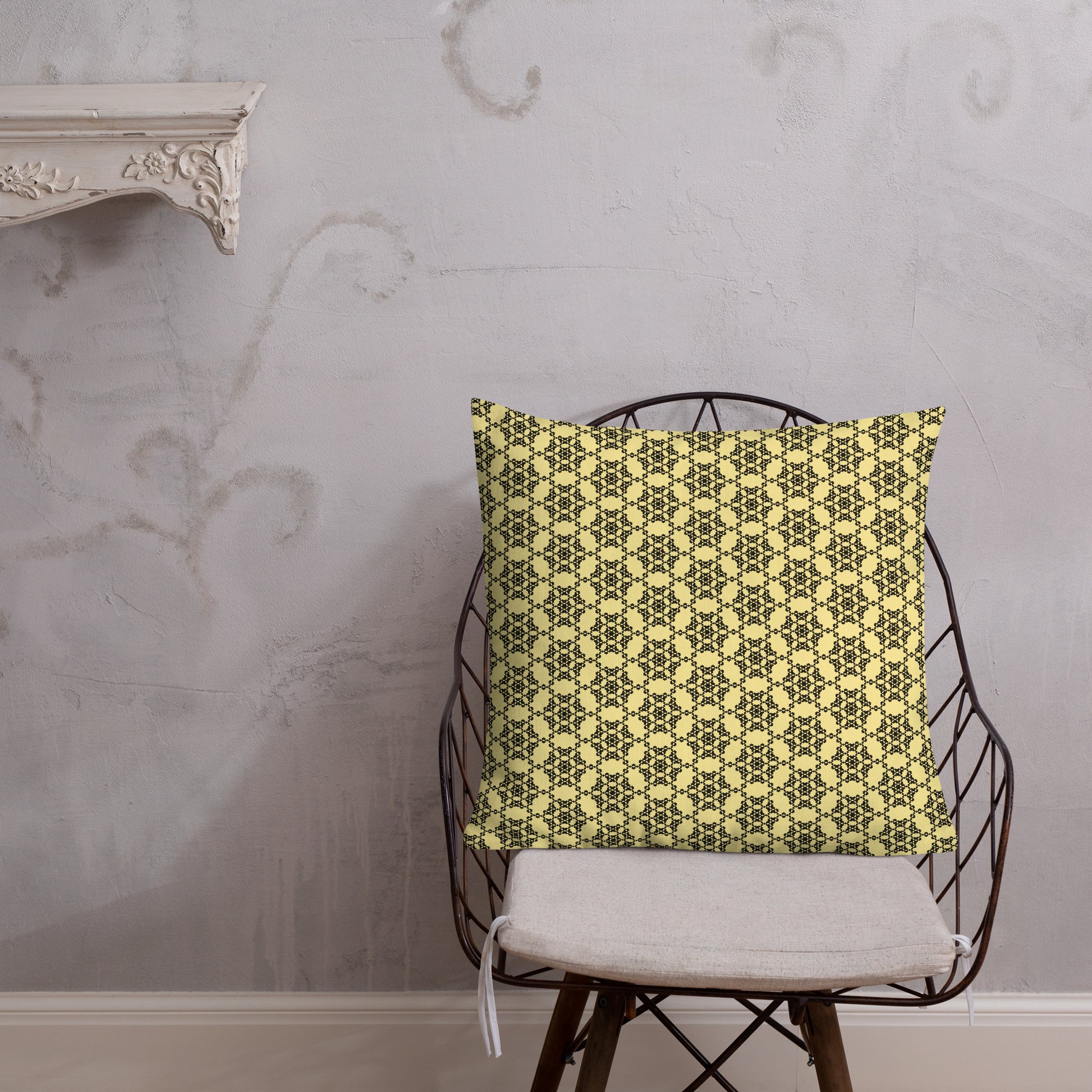 22″×22″ premium throw pillow with the 'Hexagon' yellow and black geometric pattern shown in a lifestyle setting.
