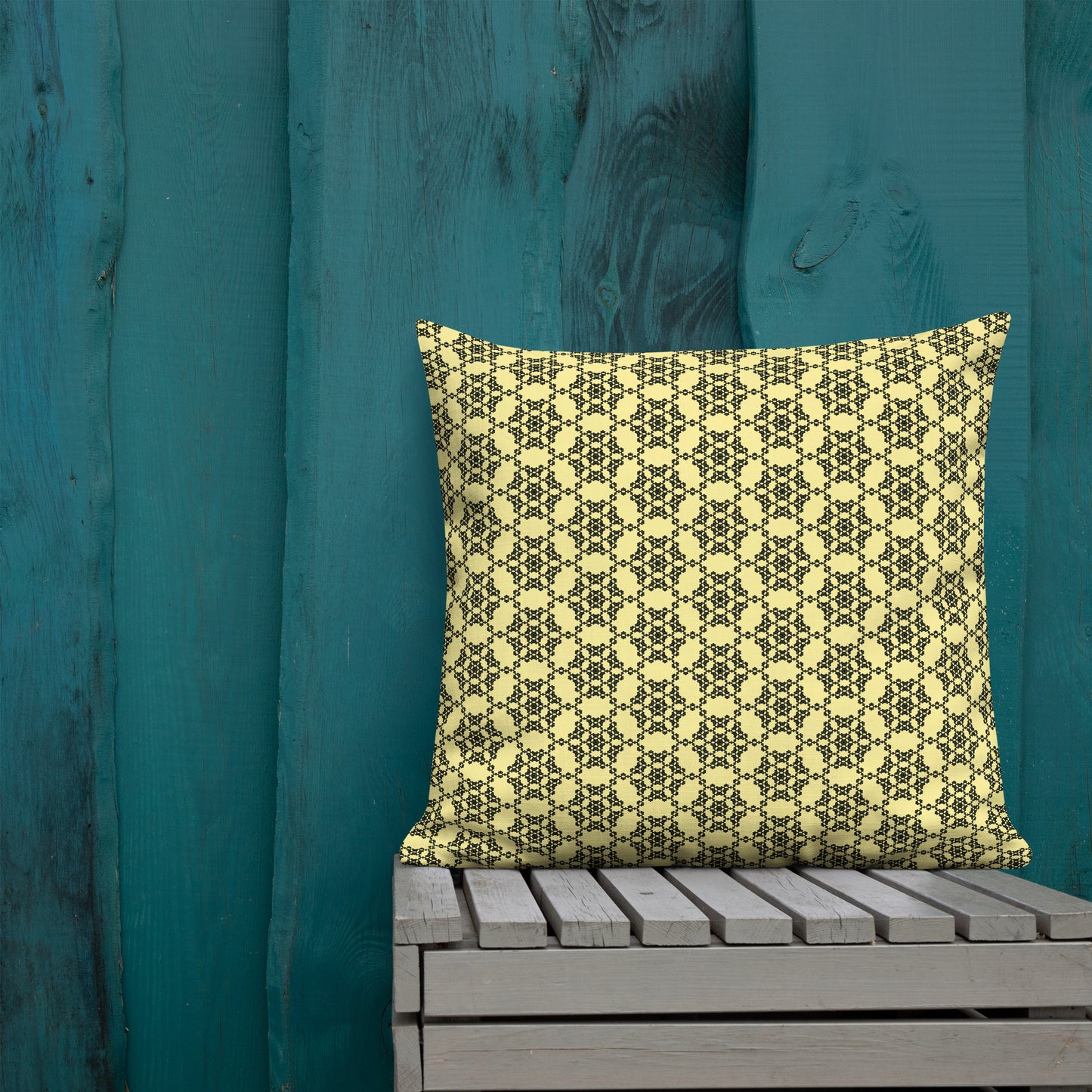 22″×22″ premium throw pillow with the 'Hexagon' yellow and black geometric pattern shown in a lifestyle setting.