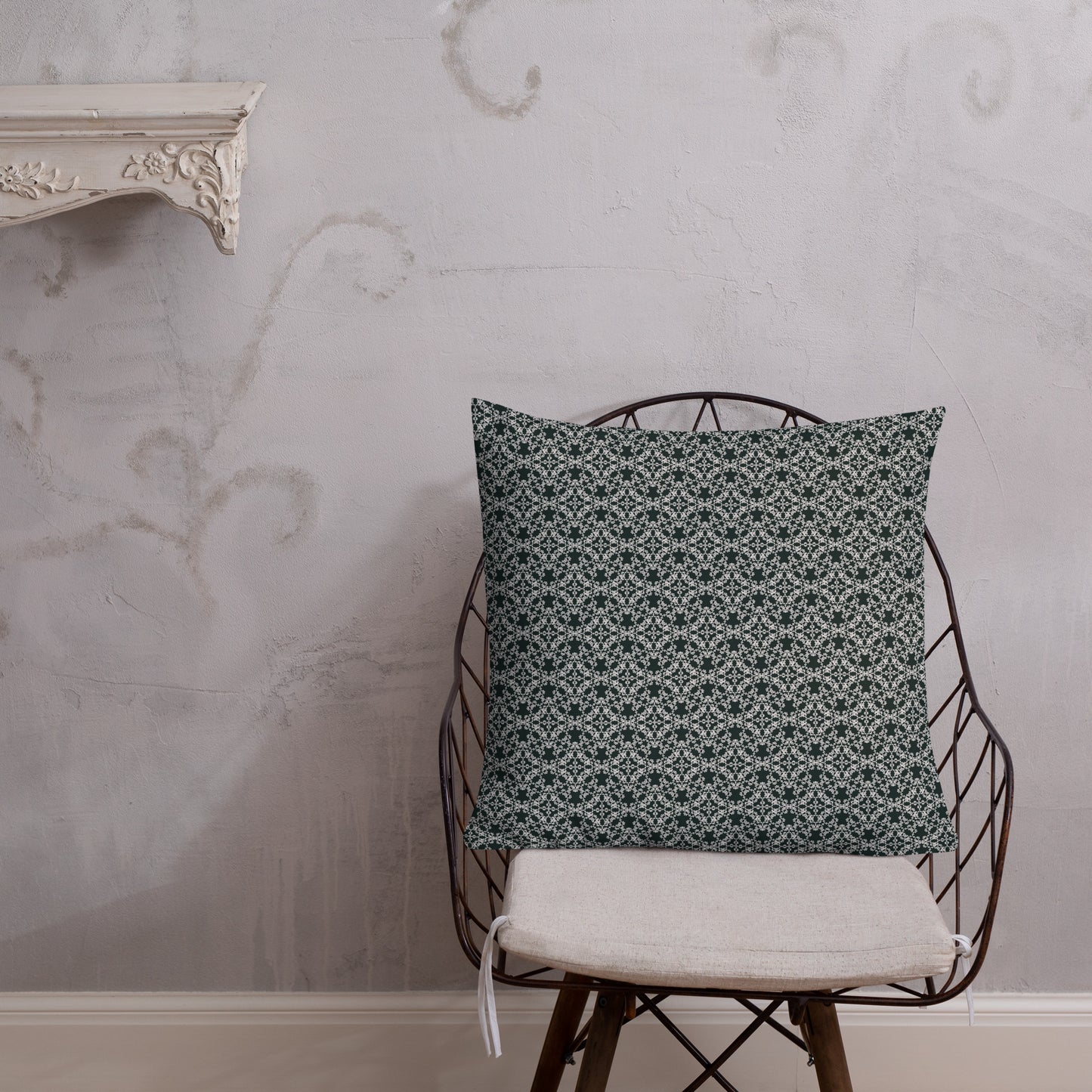 22″×22″ premium throw pillow with the 'Tetragon' charcoal and white geometric pattern shown in a lifestyle setting.