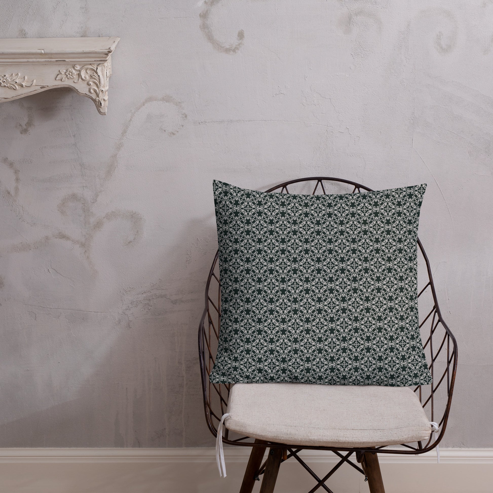 22″×22″ premium throw pillow with the 'Tetragon' charcoal and white geometric pattern shown in a lifestyle setting.
