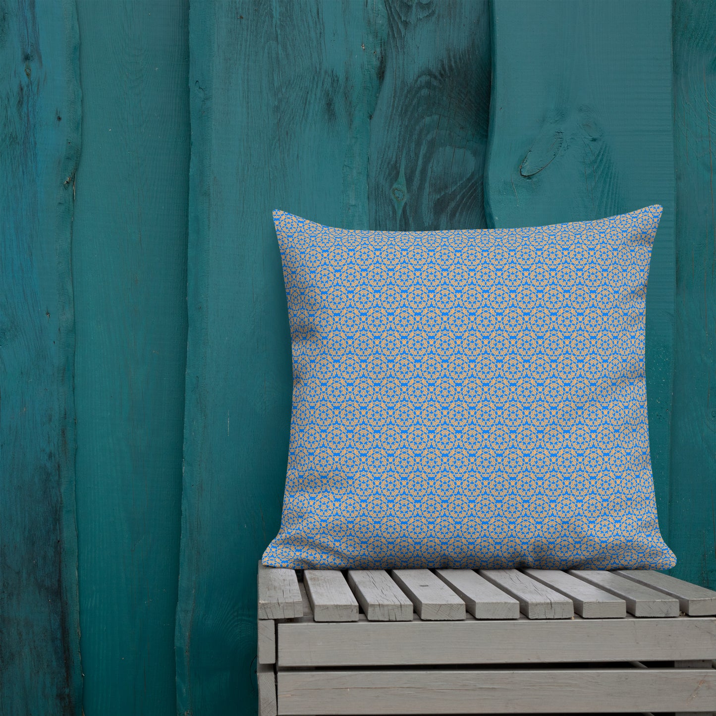 22″×22″ premium throw pillow with the 'Pentagon' blue and yellow geometric pattern shown in a lifestyle setting.