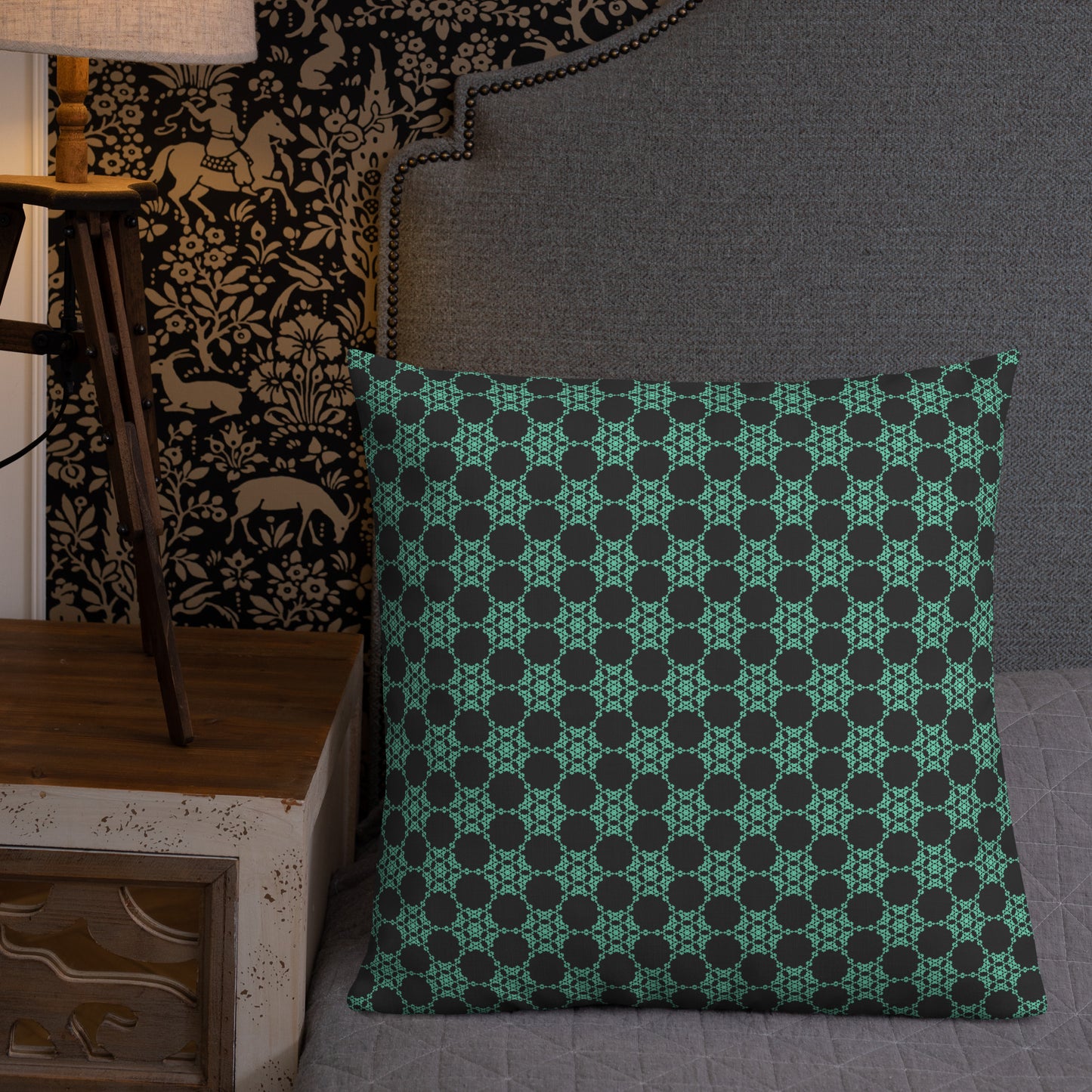 22″×22″ premium throw pillow with the 'Flowers Victory' charcoal and mint geometric pattern shown in a lifestyle setting.