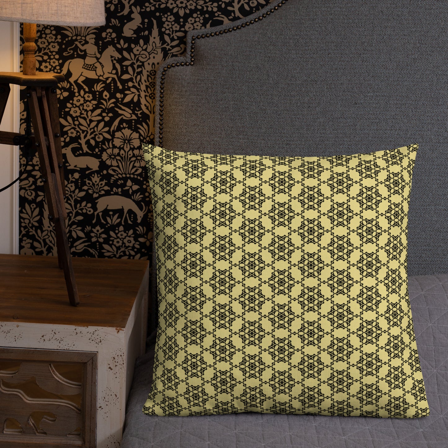 22″×22″ premium throw pillow with the 'Hexagon' yellow and black geometric pattern shown in a lifestyle setting.