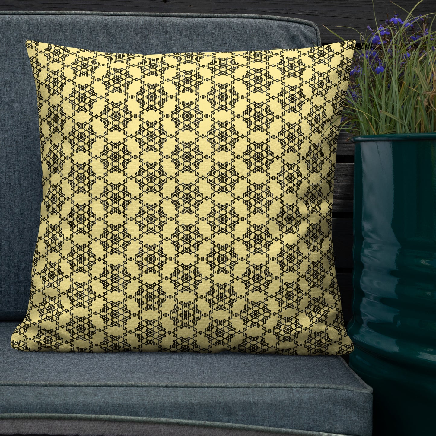 22″×22″ premium throw pillow with the 'Hexagon' yellow and black geometric pattern shown in a lifestyle setting.