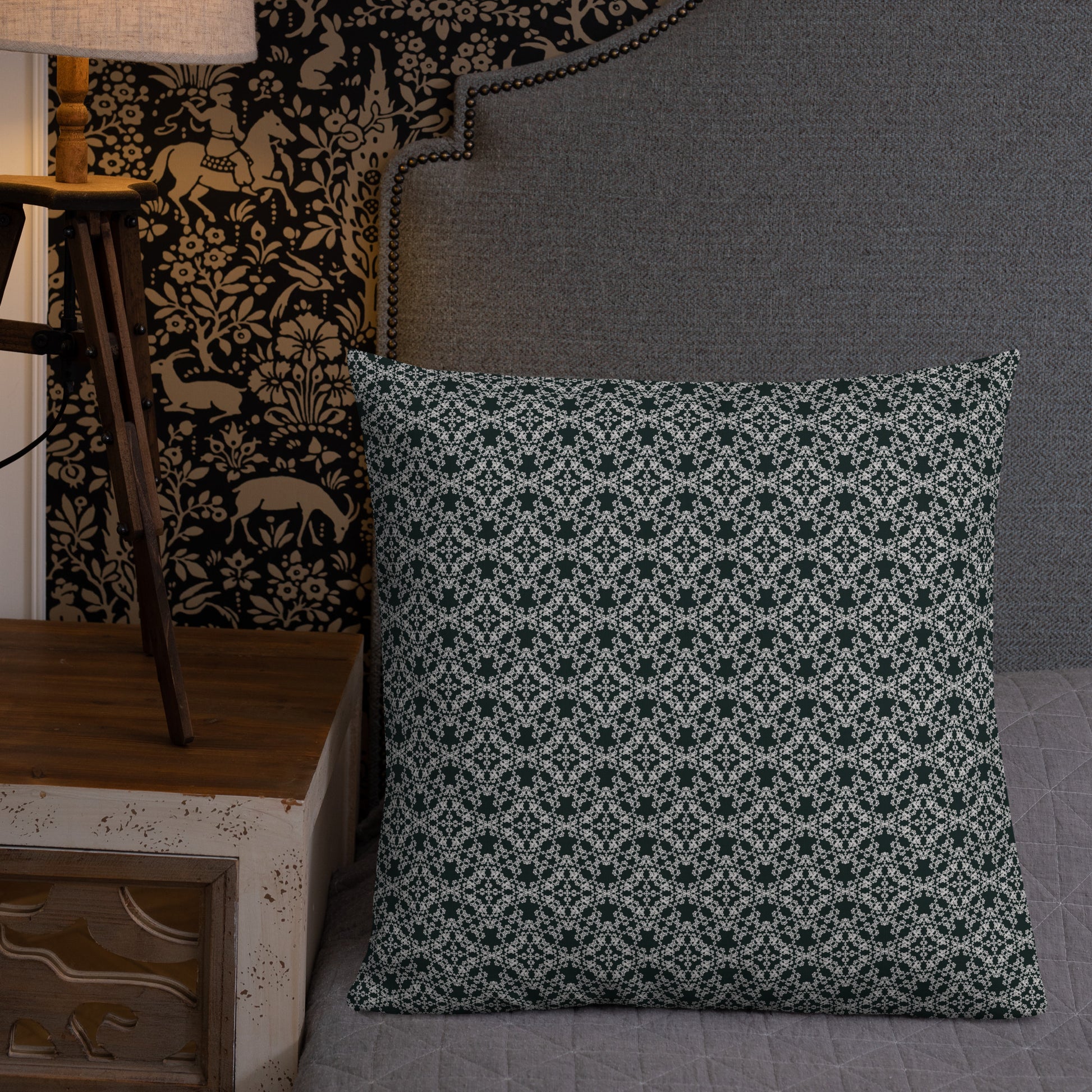 22″×22″ premium throw pillow with the 'Tetragon' charcoal and white geometric pattern shown in a lifestyle setting.