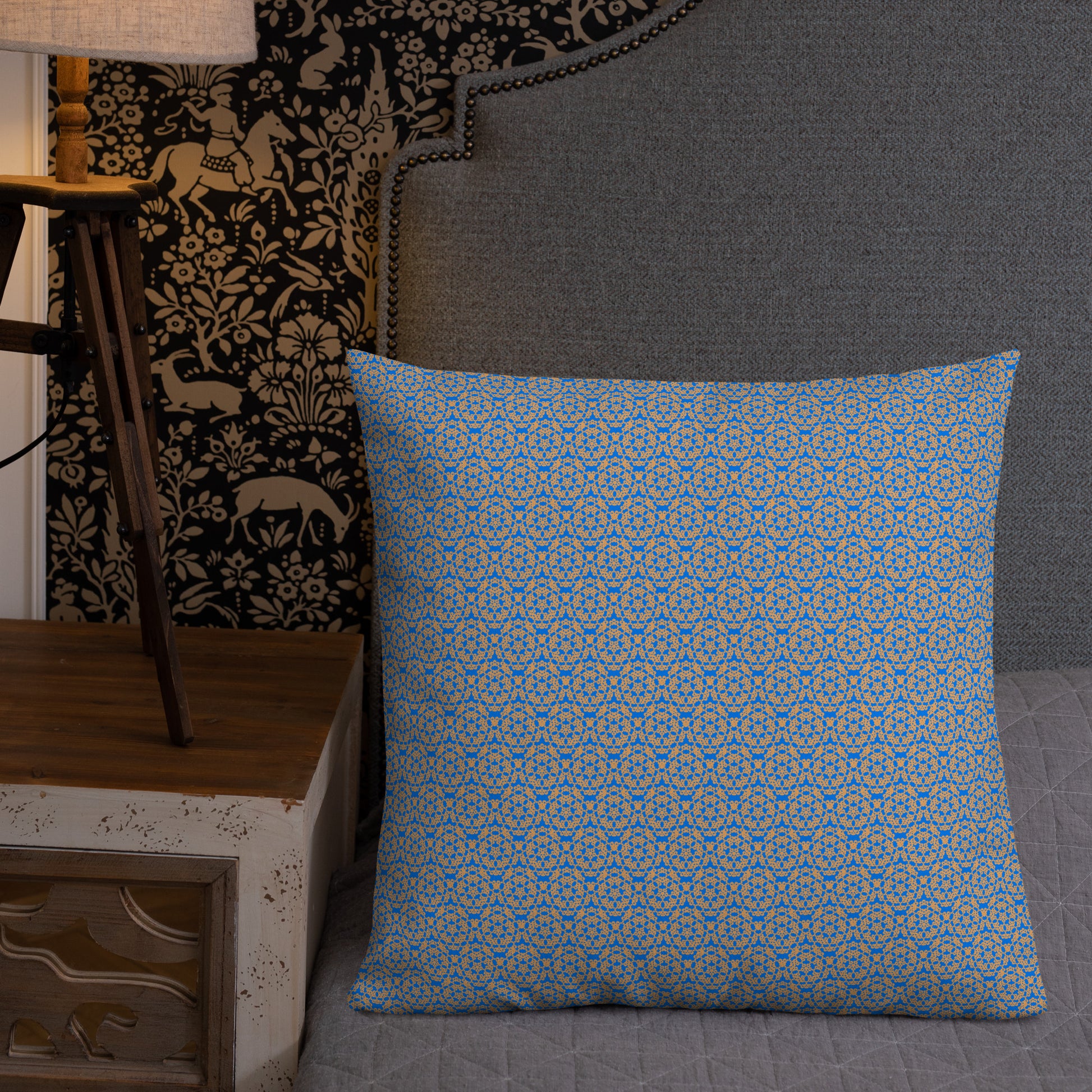 22″×22″ premium throw pillow with the 'Pentagon' blue and yellow geometric pattern shown in a lifestyle setting.